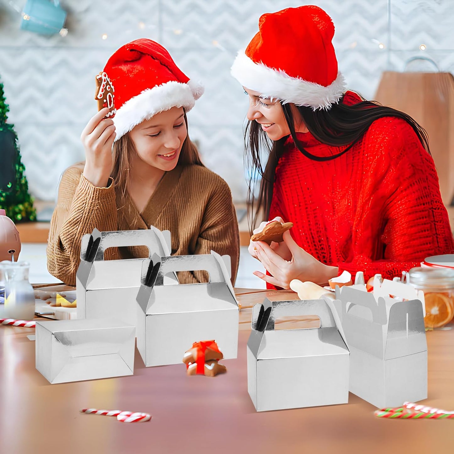 XAGLVV 24 Pcs Silver Party Favor Box, 6.2 * 3.5 * 3.5 Inch Gable Box,Treat Box Party Favor with Handles,Goodie Boxes for Kids Birthday,Wedding, Classroom Activity, Babyshower