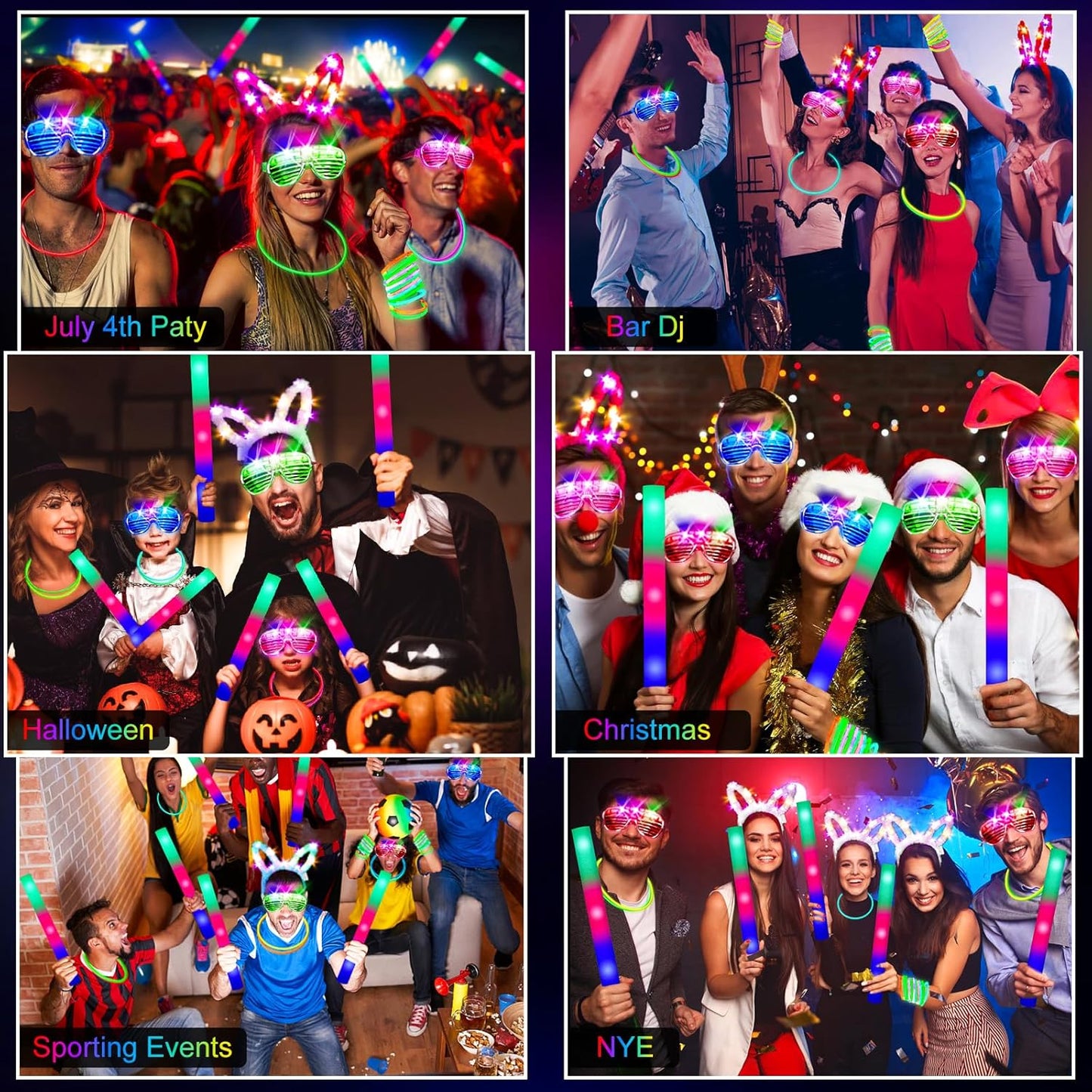 260 PCS Glow in the Dark Party Supplies, New Year Party Favors - 20 Foam Glow Sticks, LED Glasses, Bunny Ear Headbands and 200 Glow Sticks for Kids or Adults