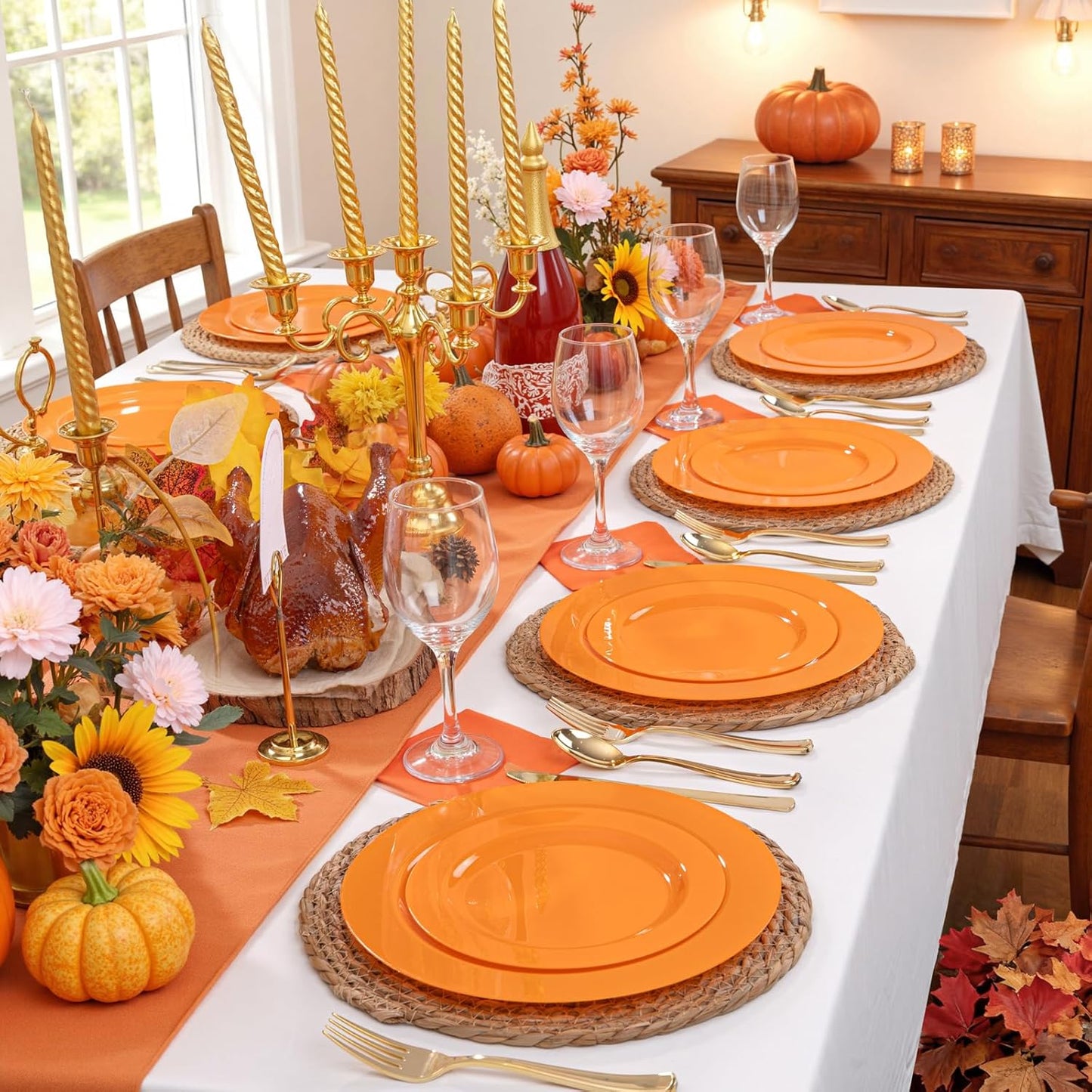 FLOWERCAT 60PCS Orange Plates - Heavy Duty Orange Plastic Plates Disposable for Halloween & Thanksgiving Party - Serve 30 Guests 10.25inch and 7.5inch