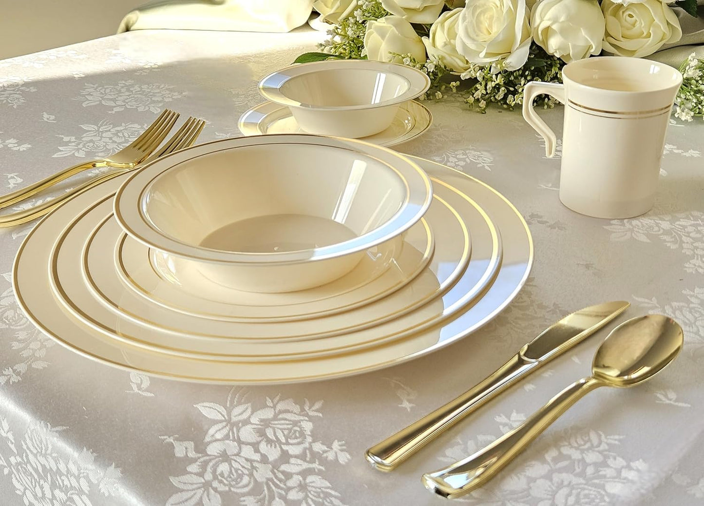 " OCCASIONS " 40 Piece Plates Pack, Heavyweight Disposable Wedding Party Plastic Bowls (6 oz Dessert Bowls, Ivory & Gold Rim)