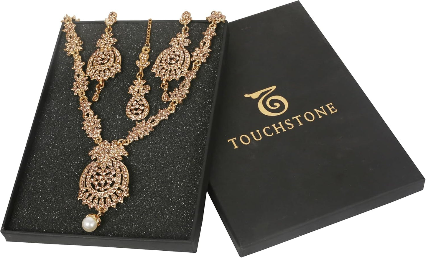 Touchstone Indian jewelry sets for women maang tikka wedding guest gold necklace bollywood jewellery set pageant elegant prom bride accessories western crystal chunky rhinestone necklaces