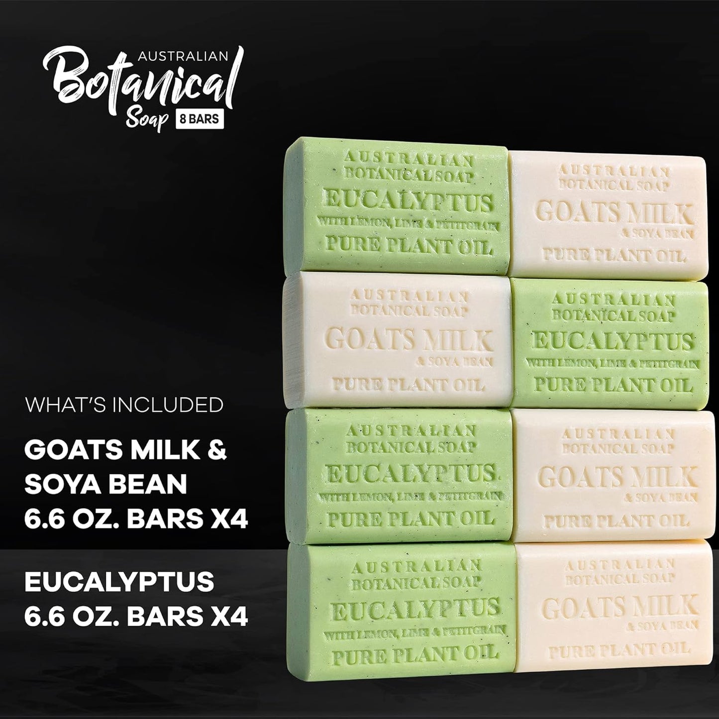 Australian Botanical Men's Soap Bars, Duo Pack Luxury Body and Beard Bars, Eucalyptus and Goats Milk Soap, Gift for Men, 6.6 oz. 4 Bars of Each, 8 Pack