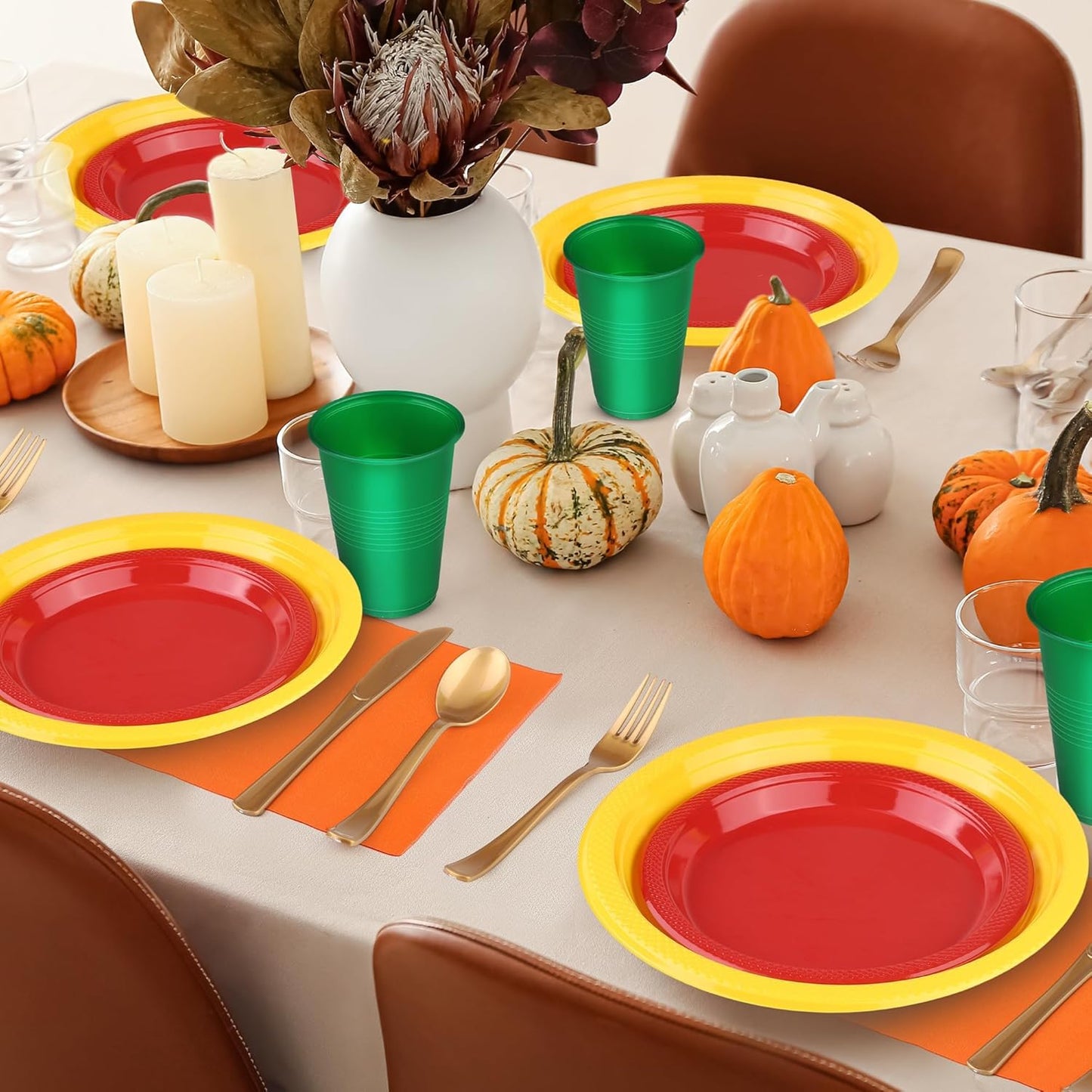 240 Pieces Fall Plastic Dinnerware Set Disposable Party Plates Napkins Cups and Silverware Dessert Dinner Plates for Birthday Wedding Thanksgiving Party Supplies, Serves 30 Guests