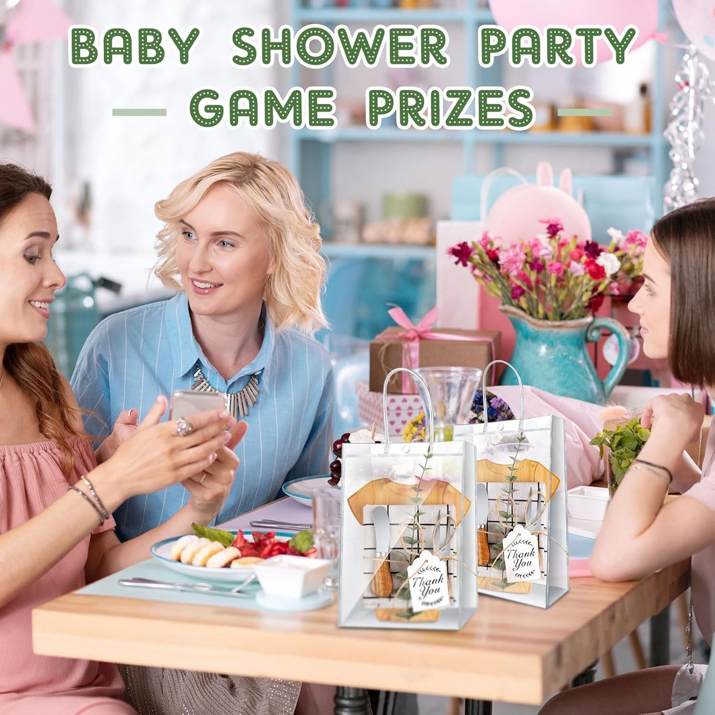 43 Pcs Baby Shower Game Prizes for Winners 6 Sets Baby Shower Prizes for Game Player with Bamboo Cheese Board Oak Knife Fork Placemats Artificial Eucalyptus Stems Tags Bags