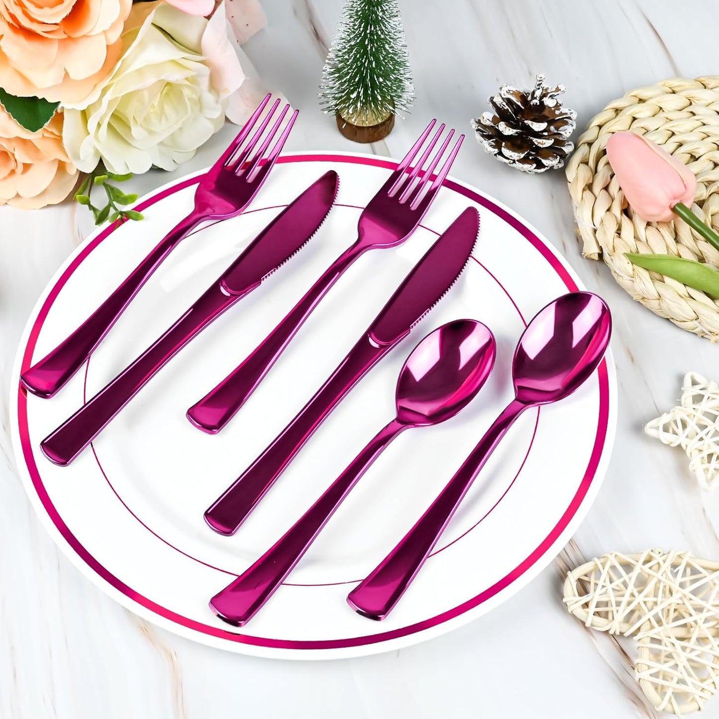 30Pack Pre Rolled Hot Pink Plastic Silverware - Wrapped Hot Pink Disposable Cutlery with Napkins, Pre Rolled Plastic Silverware Set, Disposable Christmas Silverware with Dinner Napkins for Party