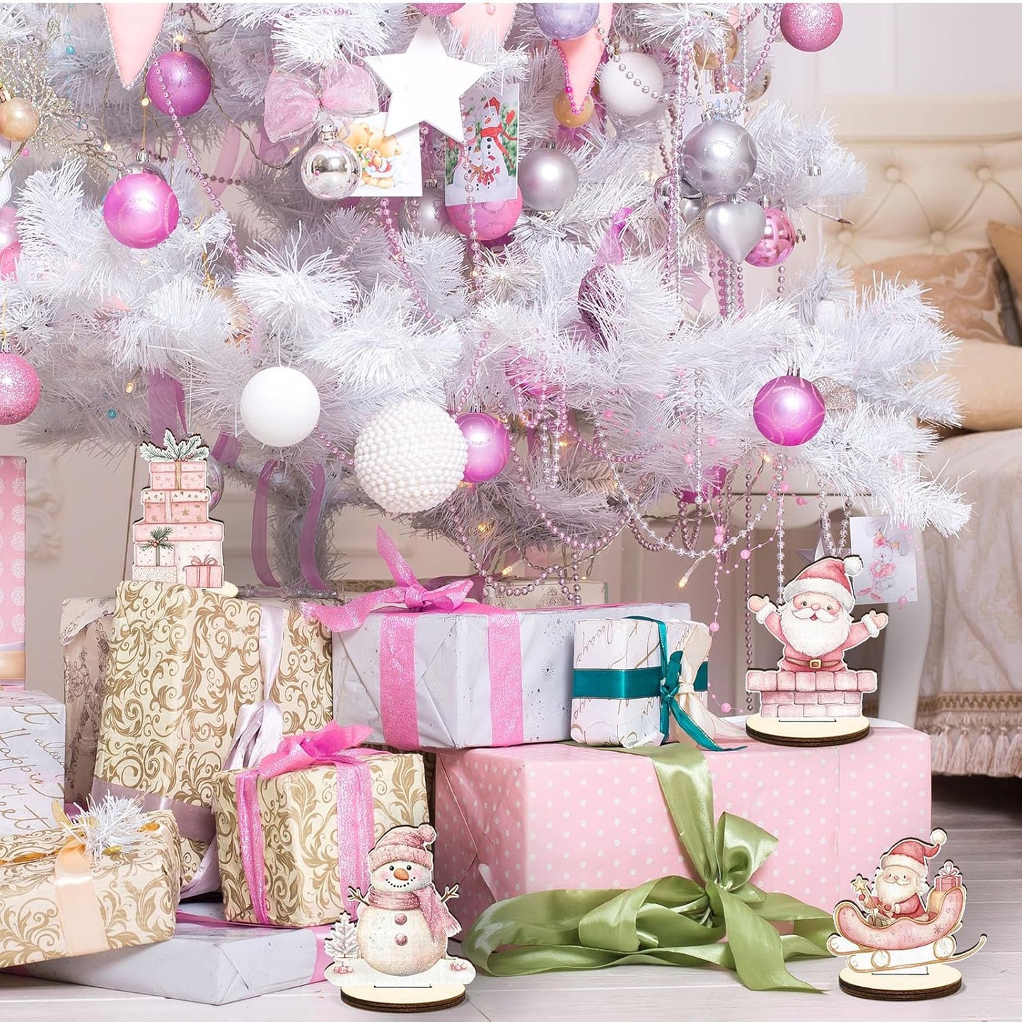 16 Pcs Wooden Pink Christmas Table Centerpiece Cute Watercolor Xmas Tabletop Detachable Sign Farmhouse Snowman Deer Santa Table Toppers Display Decor Birthday Photo Props Party Favor Supplies