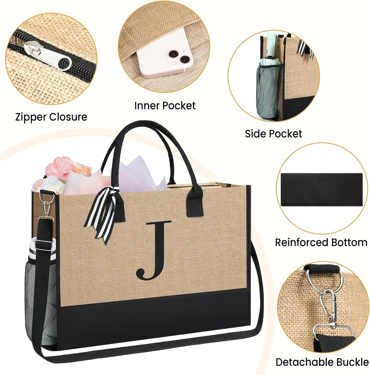 BAGAIL Initial Tote Bag, Personalized Birthday Gifts for Women, Teacher, Friends, Mom, Wedding, Monogrammed Beach Bag