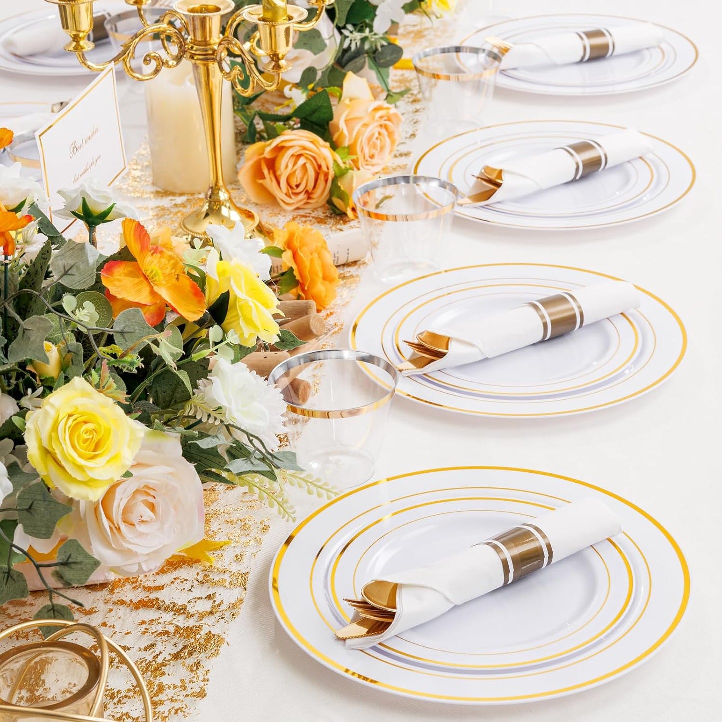 WELLIFE 700 Pcs Gold Plastic Plates for 100 Guests - Disposable Dinnerware Set,Party Supplies Includes 200 Gold Plates,300 Plastic Silverware,100 Napkins,100 Cups for Party and Thanksgiving
