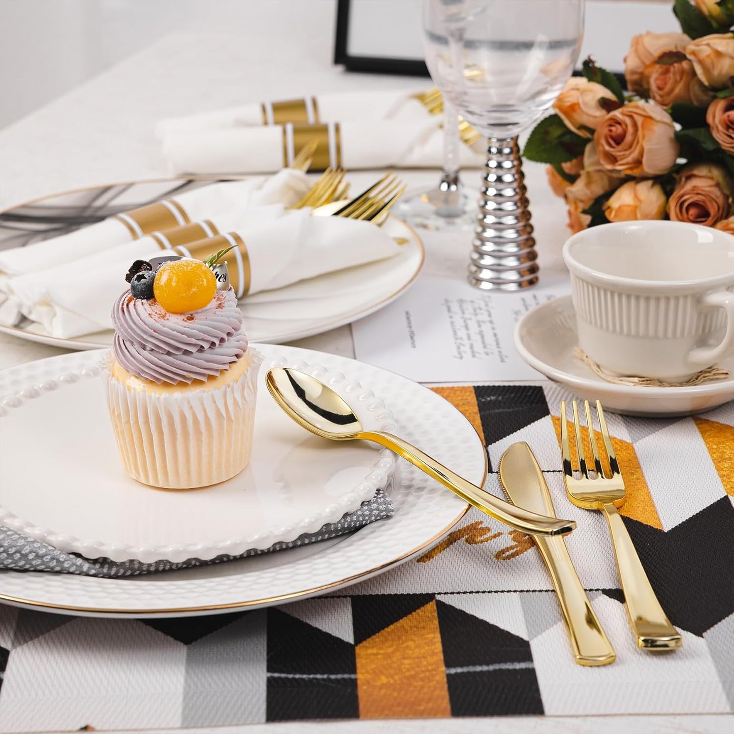 N9R 120 Pack Pre Rolled Gold Plastic Silverware Set, Wrapped Plastic Silverware Set with 120 Forks, 120 Knives, 120 Spoons and 120 Napkins, Disposable Cutlery Set for Party and Wedding