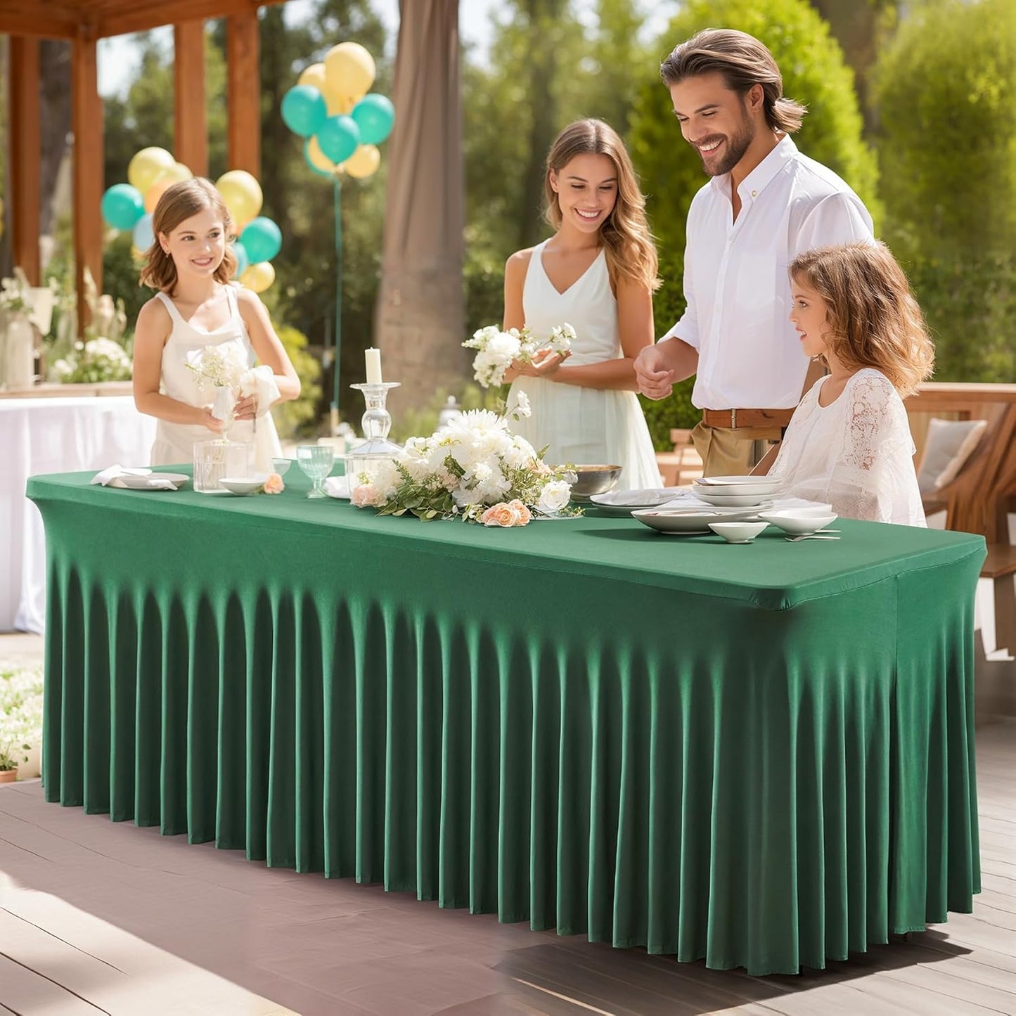 PARTISKY Hunter Green Spandex Tablecloth for 8ft Rectangle Tables, Stretchable Table Cover Skirt for Folding Tables Weddings Parties Banquets Events Trade Shows and Dessert Table