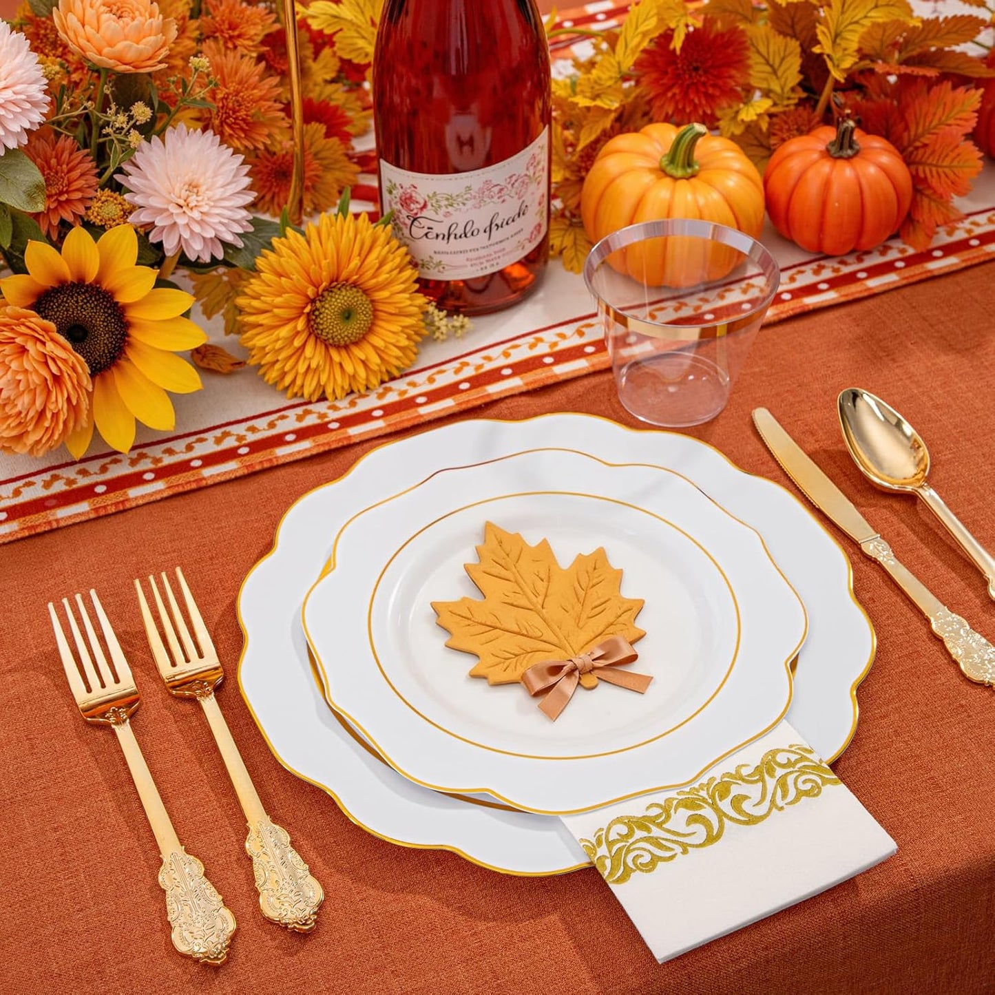 NOCCUR 175PCS Gold Plastic Plates with Disposable Silverware - White Gold Plastic Tableware Include 25 Dinner /25 Dessert Plates, 75 Cutlery, 25 Cups, 25 Napkins - Ideal for Fall Party&Thanksgiving
