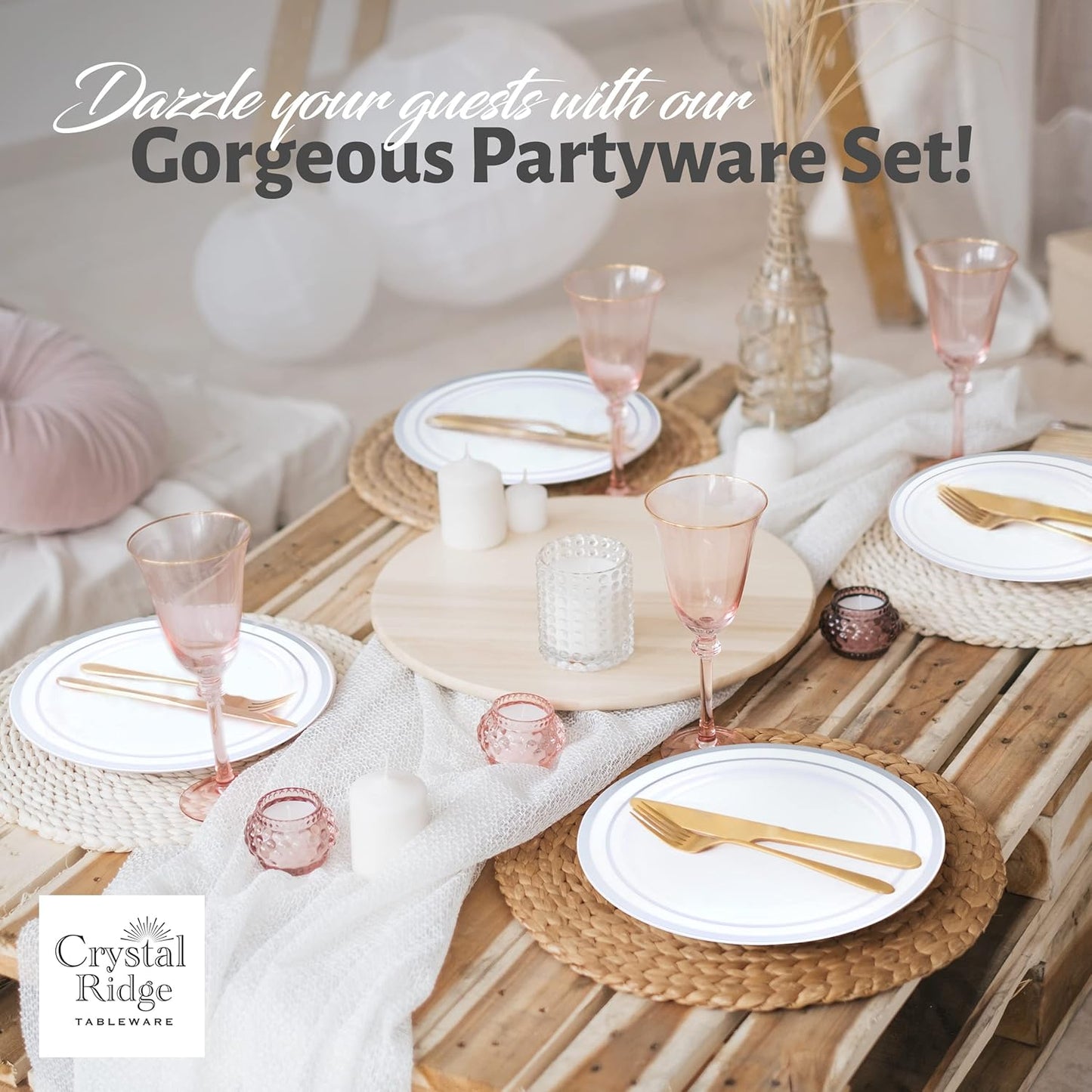 60 Pieces White Plastic Disposable Plates - Premium Heavy-Duty 30 Dinner Plates & 30 Salad Plates with Silver Rim Ideal for Party, Birthday and Special Events