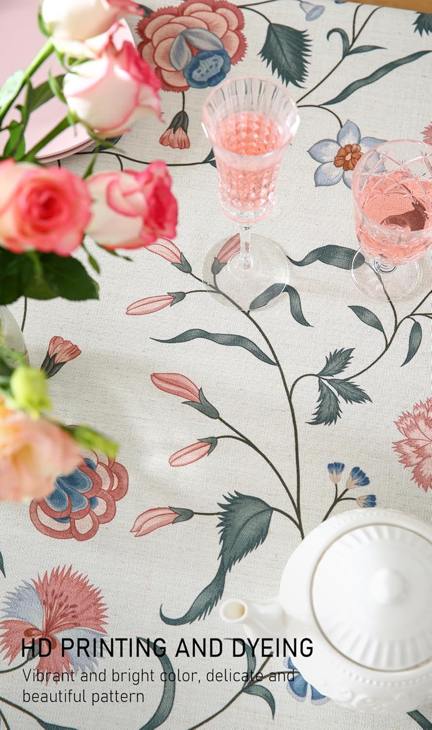 ISAENNE Designer Chinoiserie Linen Floral Table Cloth for Rectangle Table,White Wrinkle Resistant Tablecloth,Elegant Decor Tablecloths for Dining Thanksgiving Kitchen Party,55"*79"-Daffy