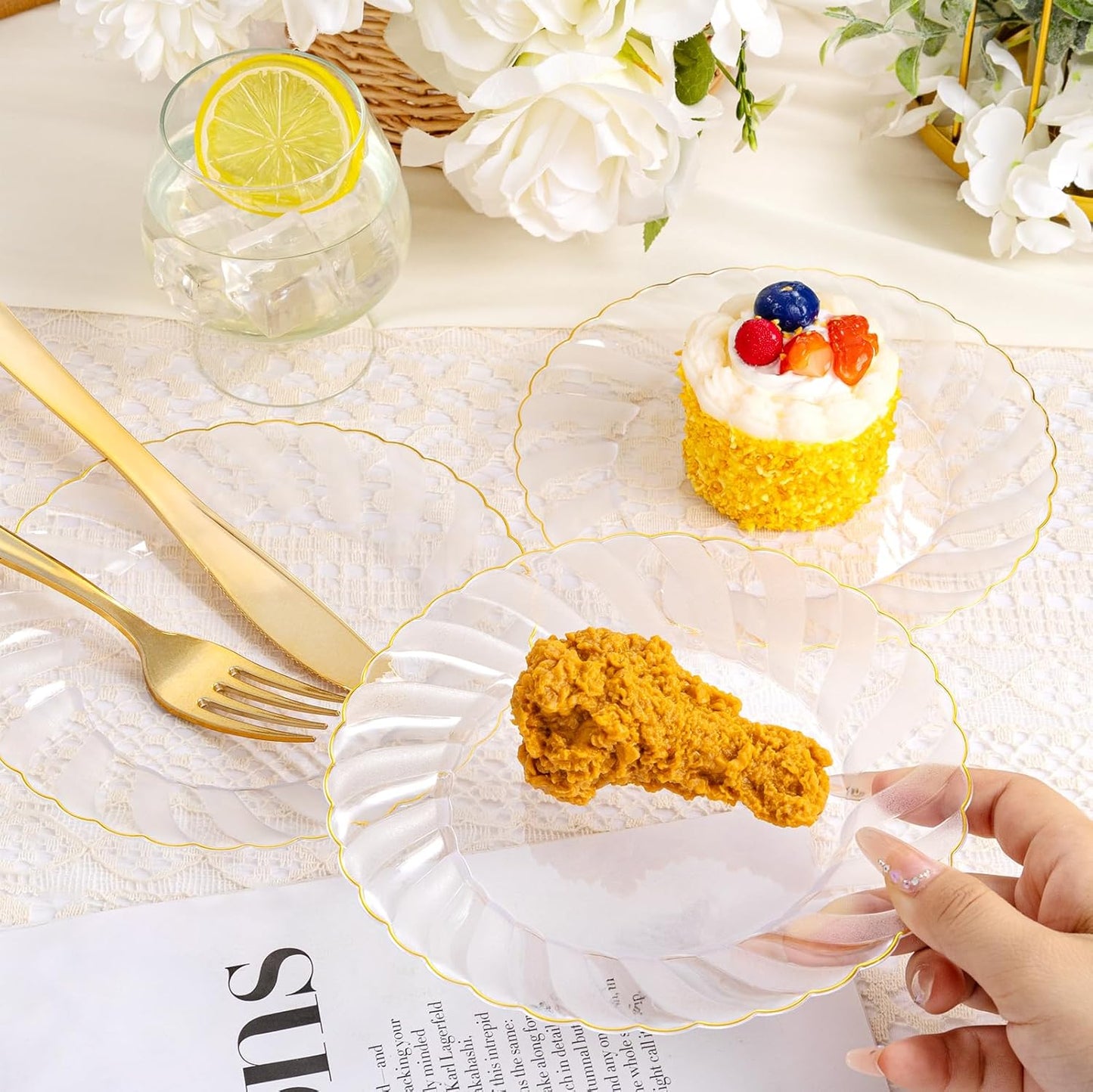 YOUBET 100 Pack Clear Gold Plastic Plates - 6.5 Inch Clear Disposable Plates with Gold Rim - High End Elegant Vintage Dessert Salad Plate for Birthday Parties & Wedding & Thanksgiving