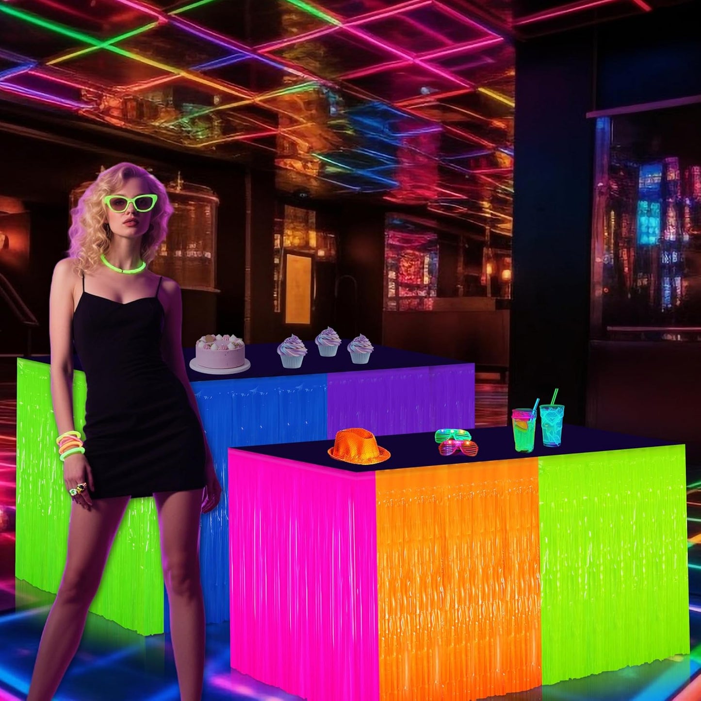 Glow in The Dark Tinsel Fringe Table Skirt - 2 Pack Neon Foil Party Decor, 31.5"x118" UV Reactive Fringe Skirt for Rave, Wedding, Birthday Backdrop - 6 Vibrant Colors