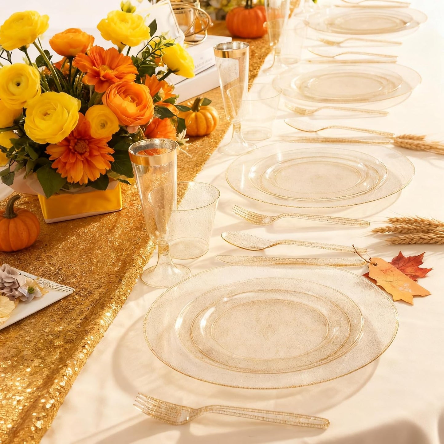 WDF 120PCS Gold Plastic Plates- Disposable Gold Glitter Plates, Premium Heavy Duty 60-10.25" Dinner Plate and 60-7.5" Salad Plate for Thanksgiving Parties &Wedding