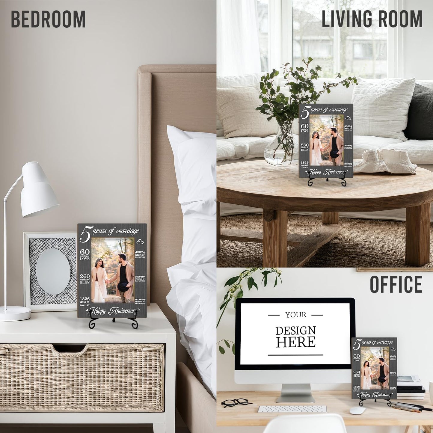 5 Years of Marriage Picture Frame, 5th Anniversary Wedding Valentines Gifts For Couple Husband Wife, 4x6 Wooden Picture Frame Tabletop Display Home Decor -02