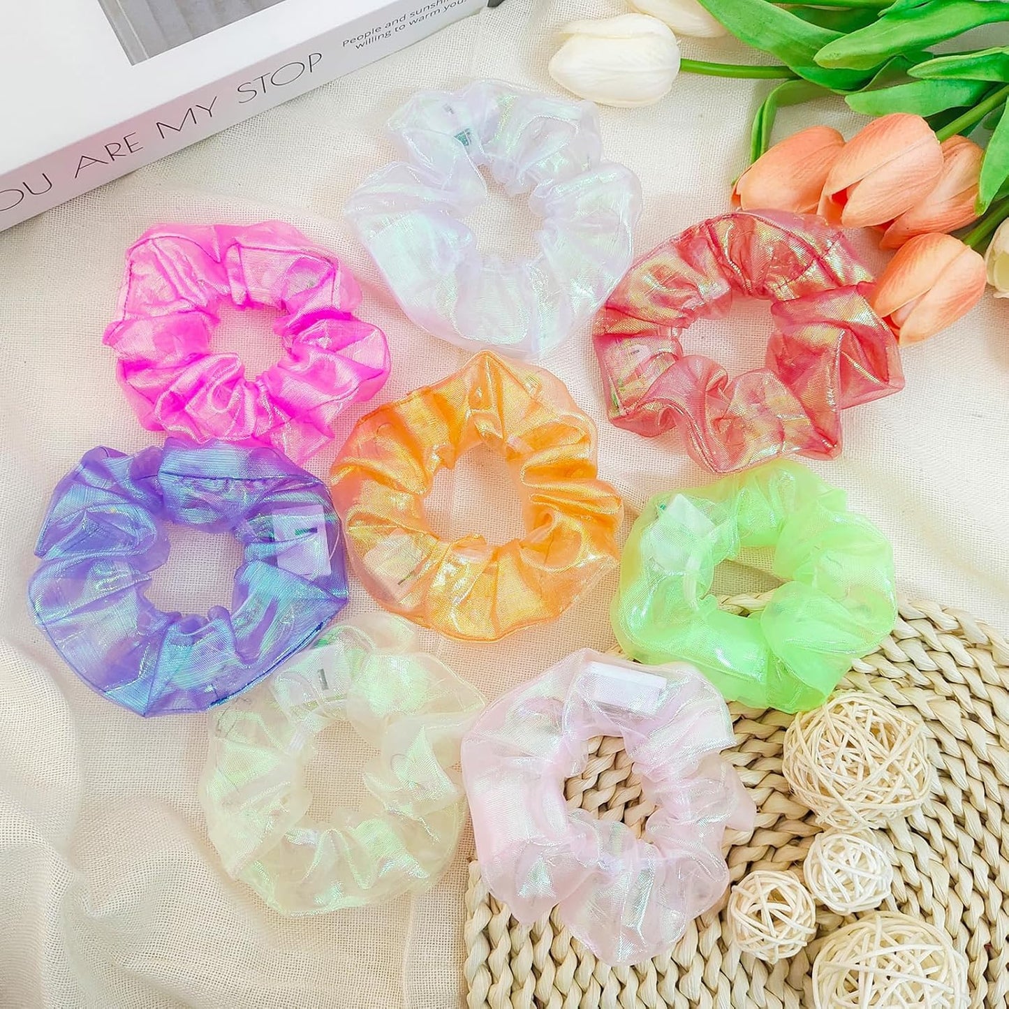 8 Pcs Light Up Mermaid Scrunchies, LED Hair Scrunchy for Girl & Women, Multi Light Modes, Glow in the Dark Accessories for Rave Neon Slumber Party