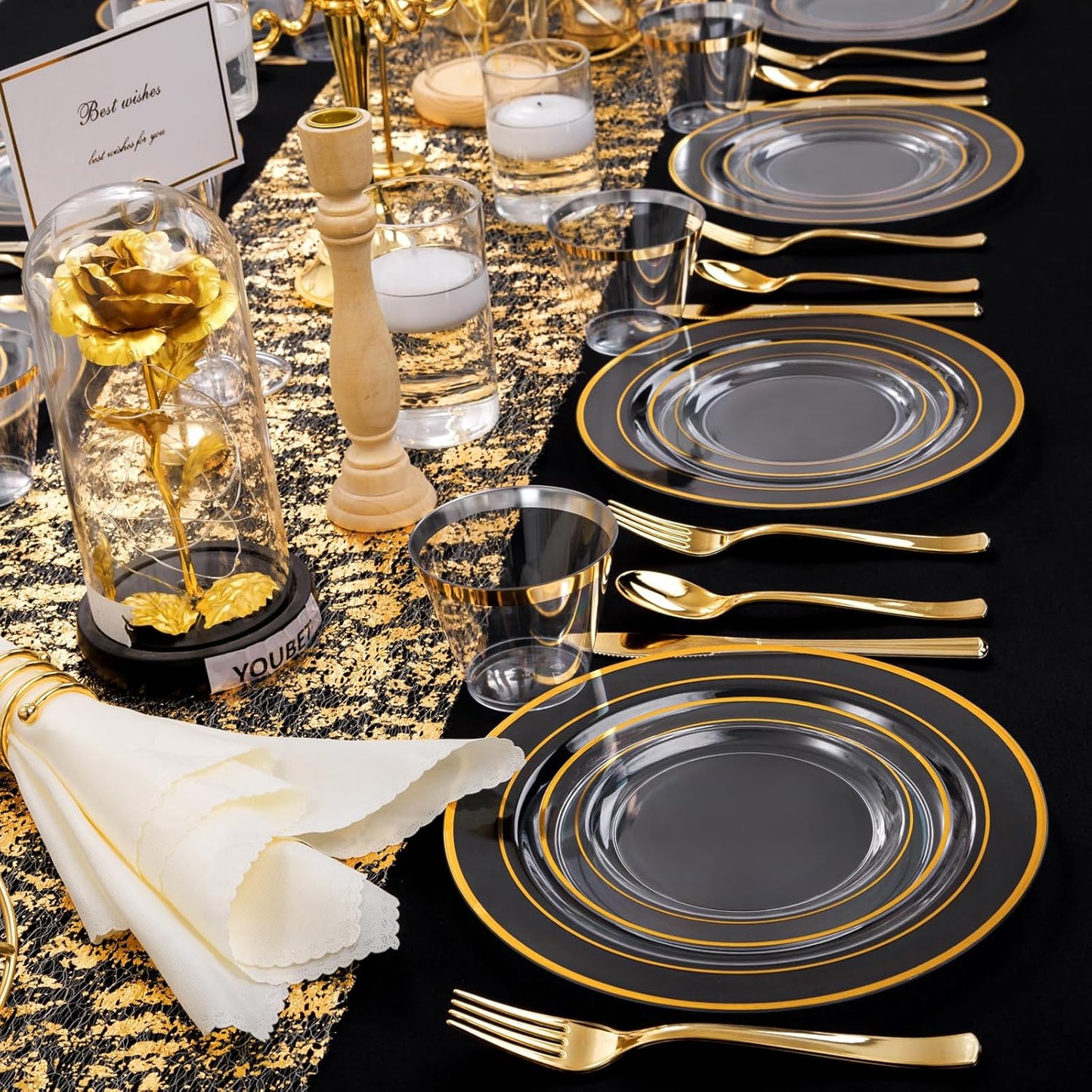 WELLIFE 600pc Gold Trim Plastic Dinnerware Set for Party: 100 Dinner Plates, 100 Dessert Plates, 300 Cutlery