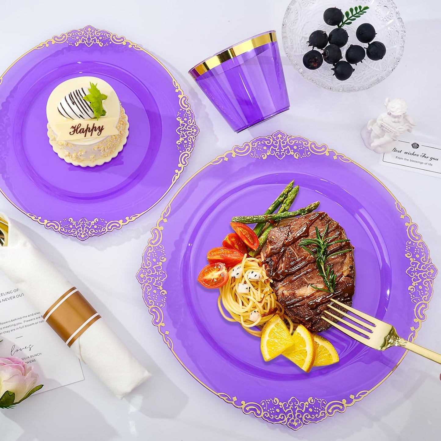 350 PCS Purple and Gold Plastic Plates, Disposable Dinnerware Set for 50 Guests, 100 Disposable Plates, 150 Silverwares, 50 Cups, 50 Napkins for Party, Wedding, Graduation