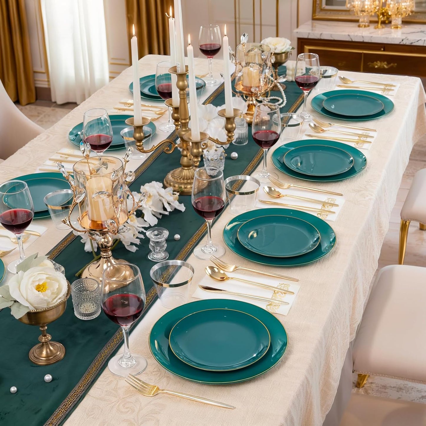 LUODA MirthMood 210pcs Green Plastic Plates,Disposable Green Gold Party Plates,Include 30 Dinner,Dessert Plate,30 Cup&30 Napkins, 90 Gold Silverware for Wedding & Party & Birthday(green)