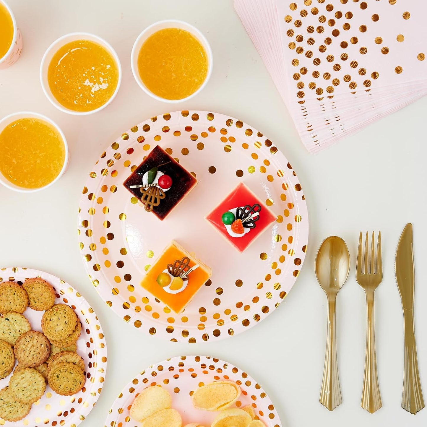 Pink and Gold Party Supplies - 350 PCS Disposable Dinnerware Set - Pink Paper Plates Napkins Cups, Gold Plastic Forks Knives Spoon for Graduation, Birthday, Thanksgiving, Cocktail Party