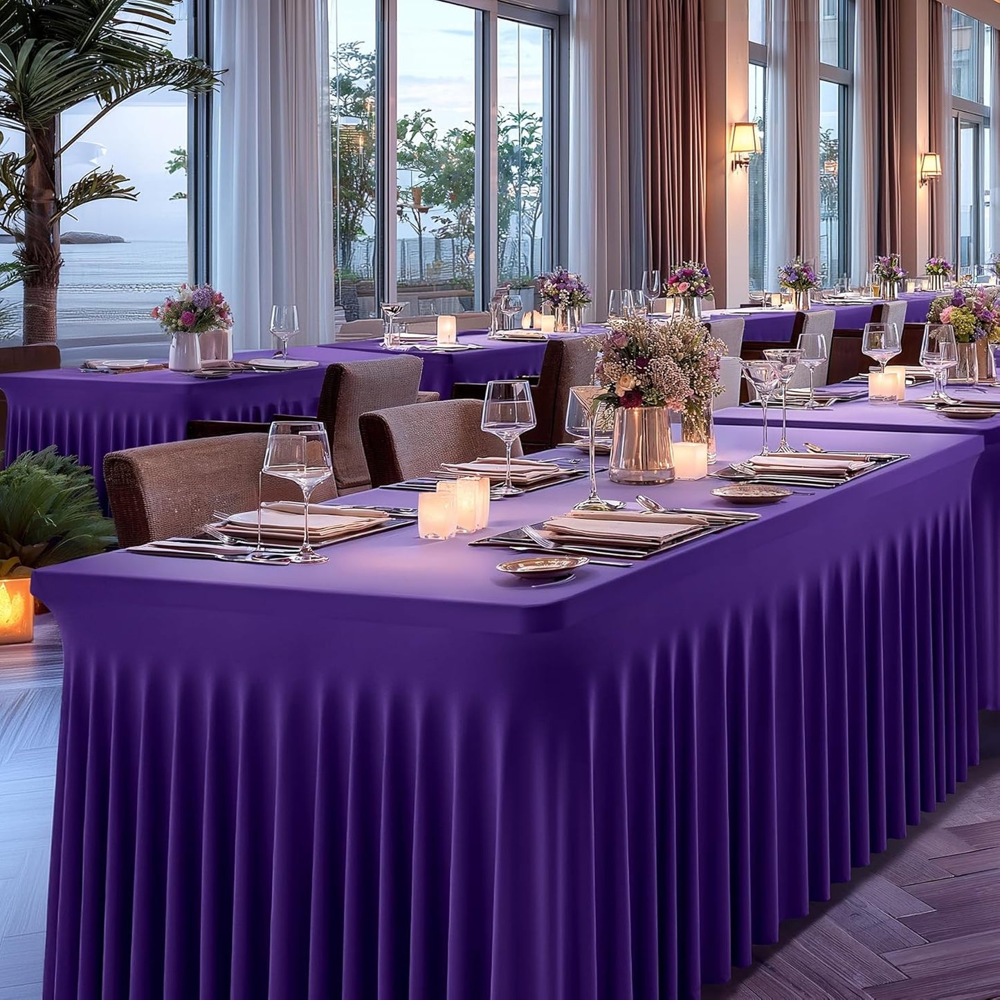 2 Packs Purple Table Clothes for 6 Foot Rectangle Tables, One-Piece Wrinkle Resistant Stretch Spandex Table Covers with Skirt for Event Banquet Wedding Birthday Party