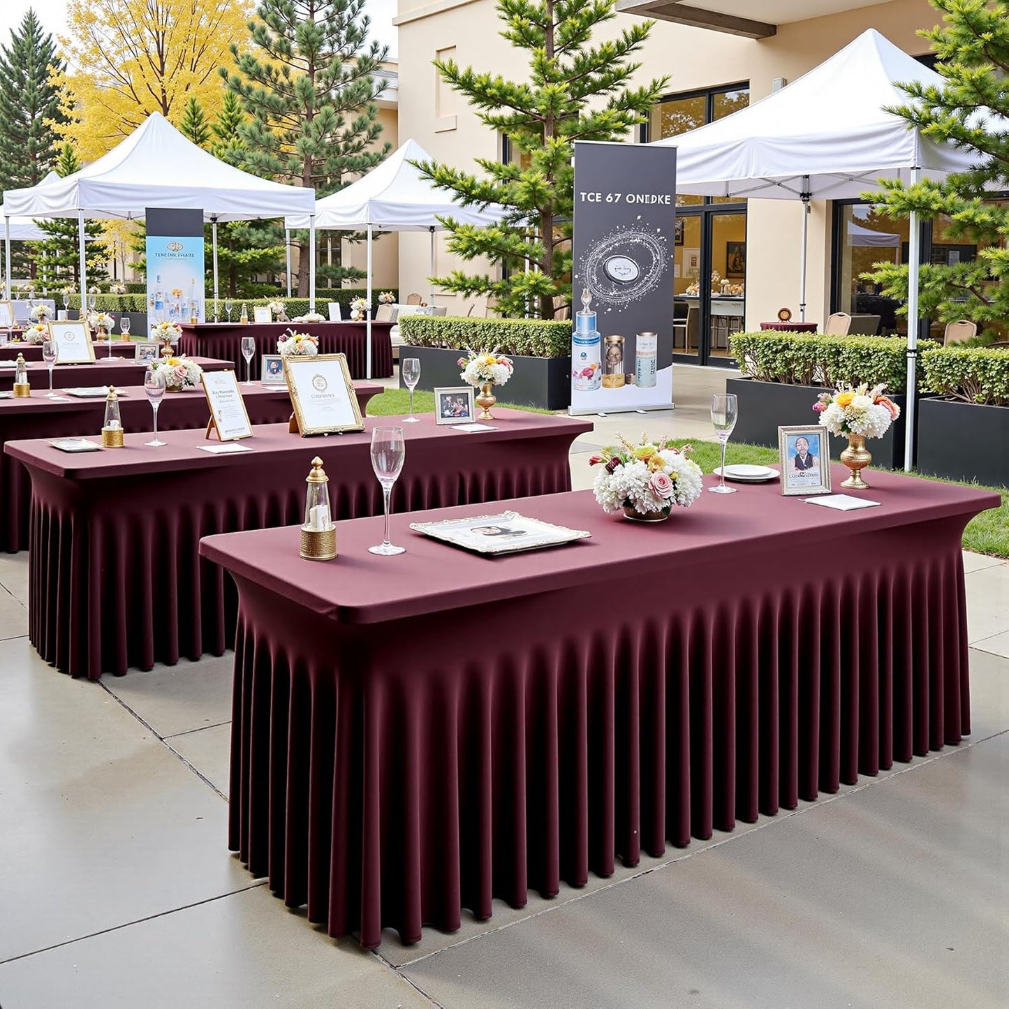 6 pk Burgundy Spandex Tablecloth 6ft with Ruffled Tables,Wrinkle Free High-Stretch Fitted Table Cloths for 6 Foot Rectangle Tables,Elastic Maroon Spandex Table Covers 6 ft for Weddings Banquet Dinning