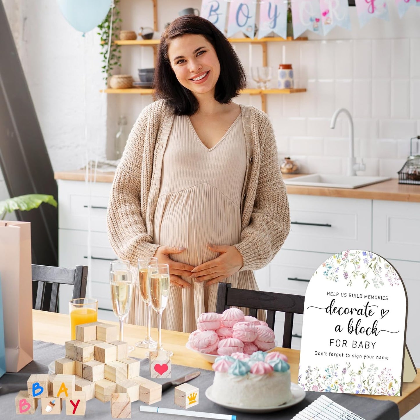 Wildflowers Baby Shower Games Kit, Floral Baby Shower Decor, Floral Baby Shower Games with 50 Blank Wooden Babies Blocks, 24 Acrylic Paint Marker and Wooden Sign, Wildflower Babies Sign for Boys Girls