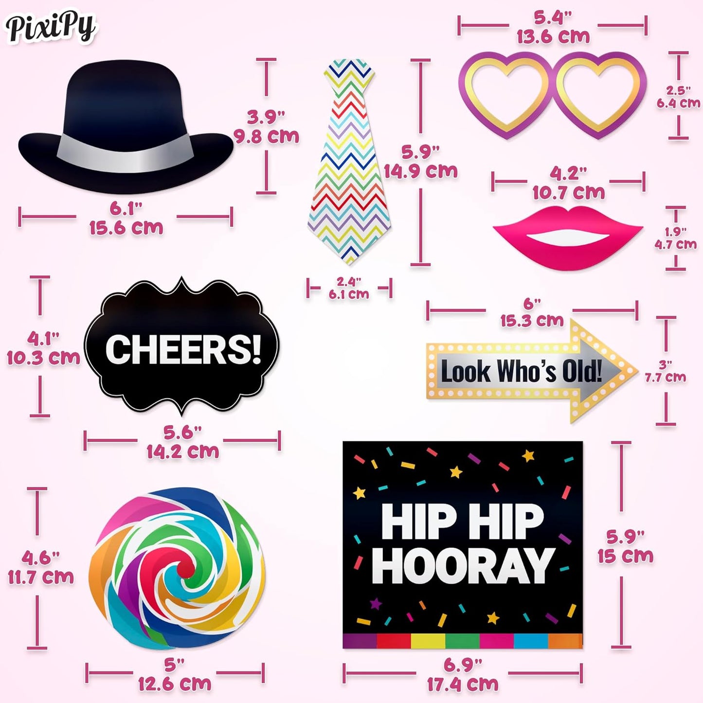Premium Birthday Photo Booth Props Kit - 54 pc, Multicolored - Happy Birthday Party Fun Photobooth Selfie Accessories - for Adults & Kids - Funny Photoshoot w/Friends - by PixiPy