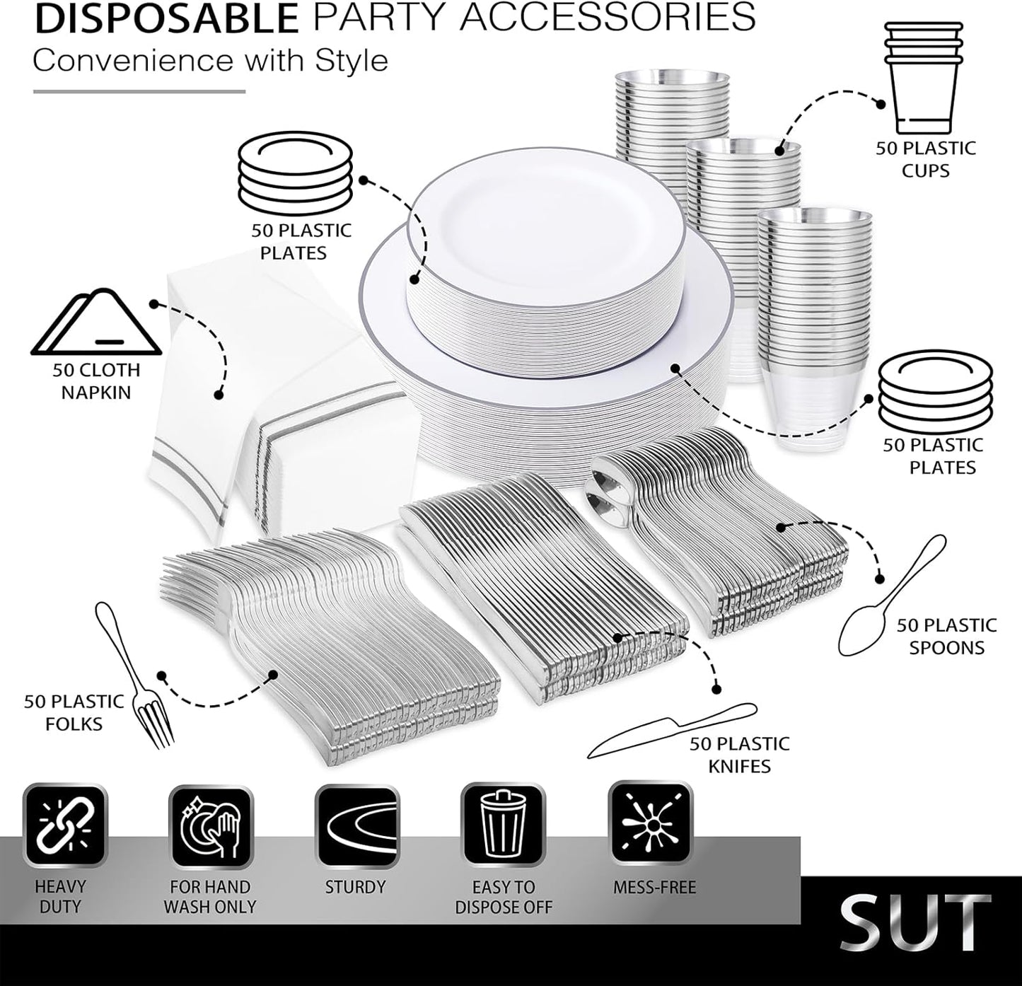 SUT 350 Piece Silver and White Plastic Dinnerware Set for 50 Guests, Disposable Plastic Plates, Include: 50 Dinner Plates, 50 Dessert Plates, 50 Pre Rolled Napkins with Silver Silverware, 50 Cups