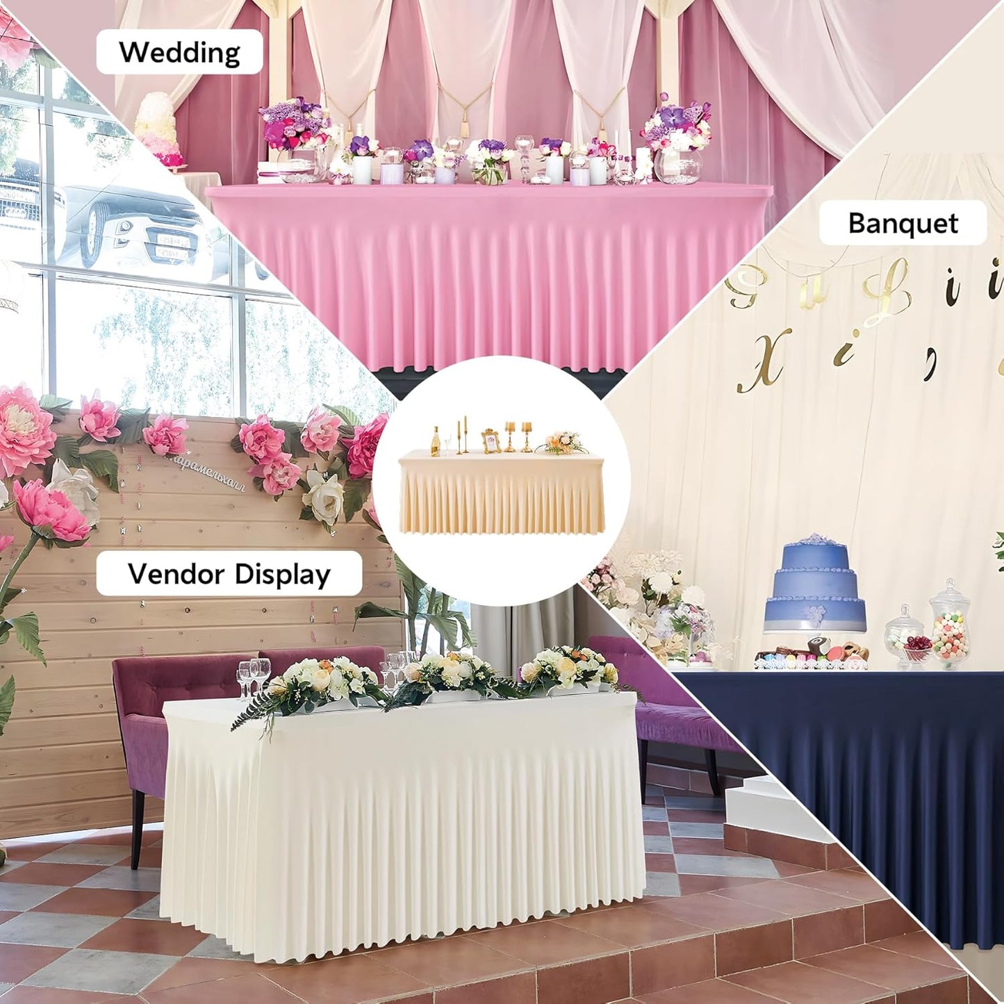 leegleri 4 Pack Champagne Spandex Table Clothes for 6 Foot Rectangle Tables, Wrinkle Free Fitted Table Cover 6ft Stretch Tablecloths with Skirt for Parties Weddings Birthday Banquet Baby Shower