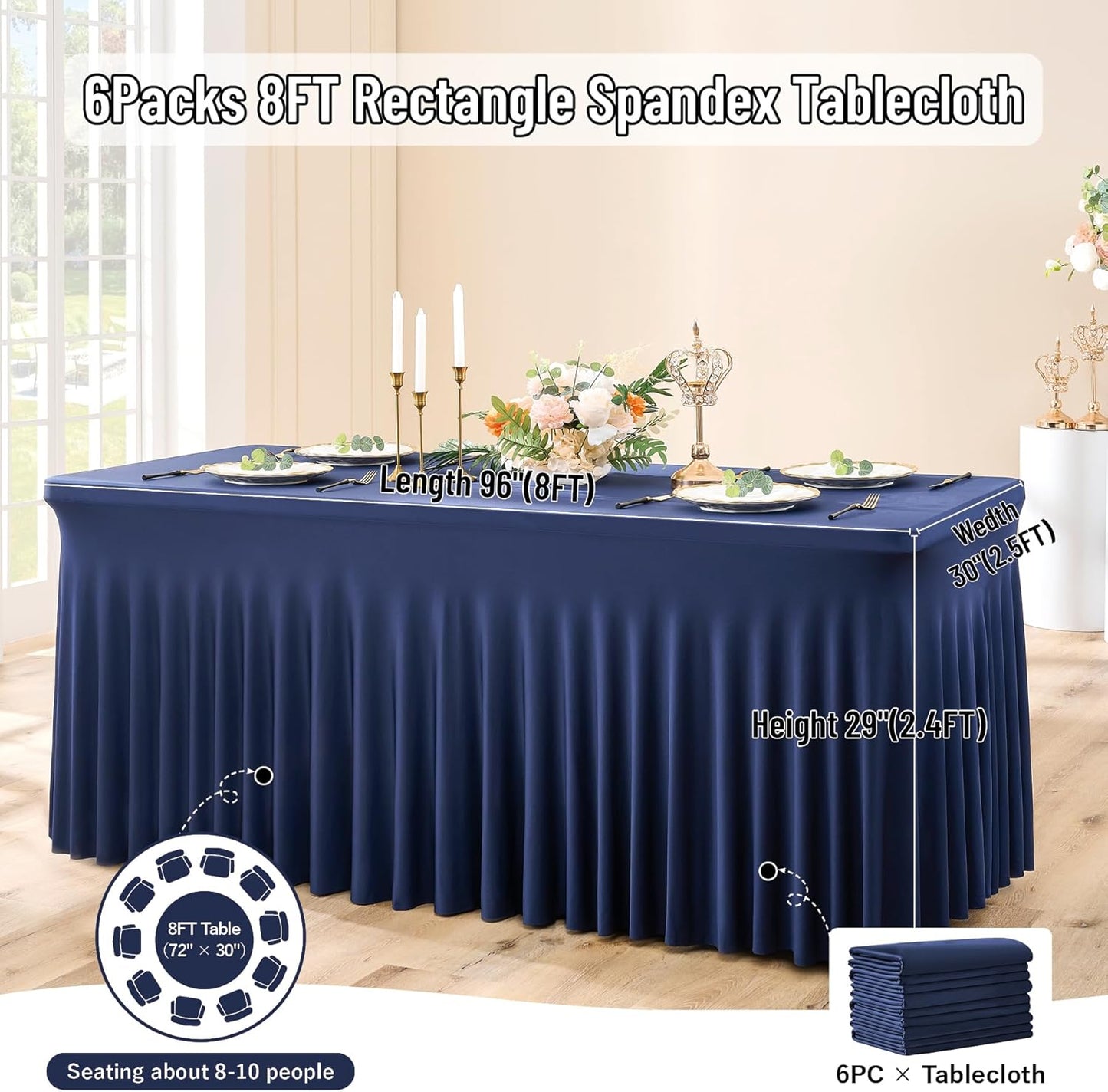 leegleri 6 Pack Navy Blue Spandex Tablecloths for 8 Foot Rectangle Tables, Wrinkle Free Fitted Table Cloths 8ft Stretchy Table Cloth Cover with Skirt for Parties Weddings Birthday Banquet Baby Shower