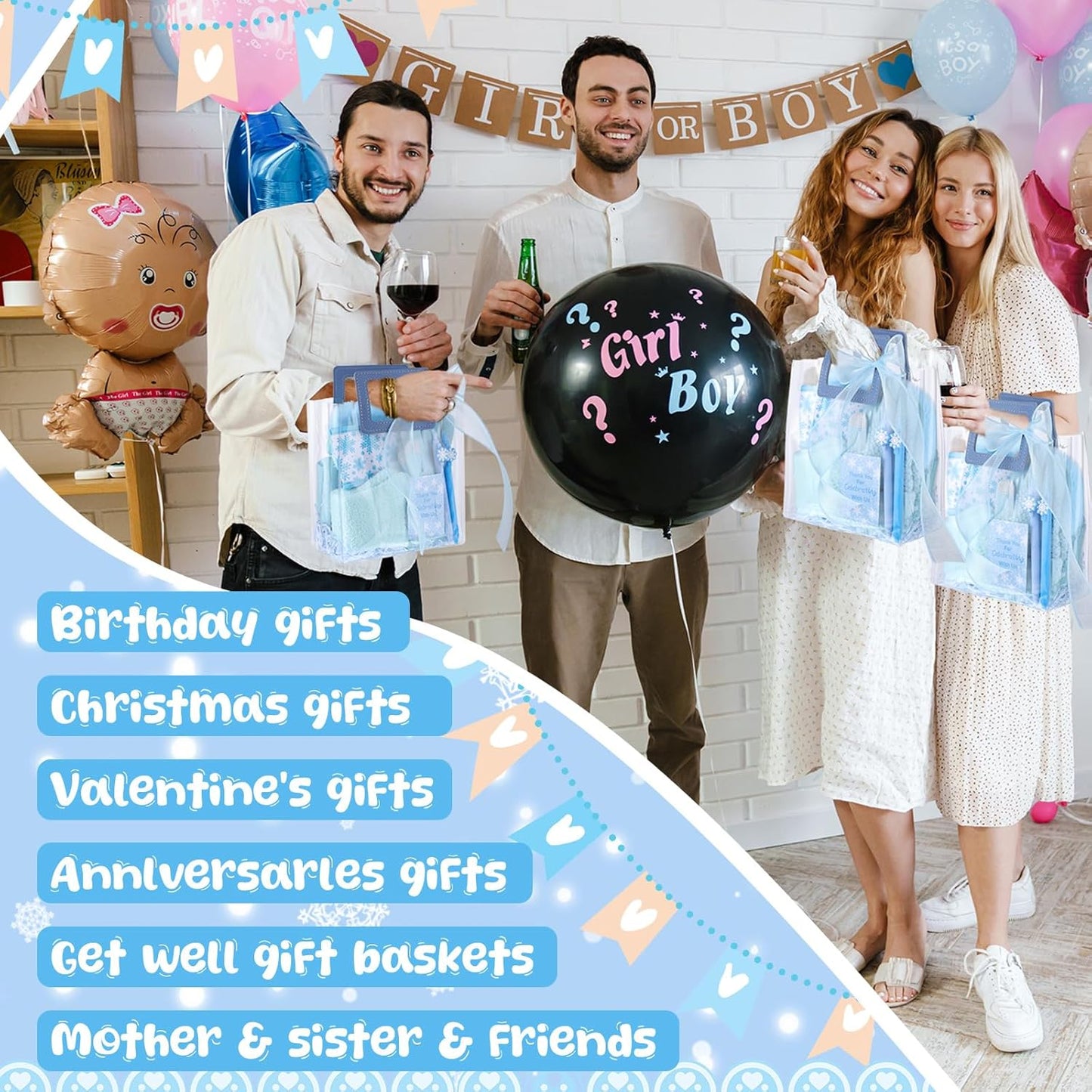 Shihanee 6 Sets Baby Shower Prizes for Game Wedding Bridal Shower Winners Favors Include Beanie Hat Touch Screen Gloves Fuzzy Socks Plush Sleep Eye Mask Cup Sleeves Ballpoint Pen Card Gift Bags (Blue)