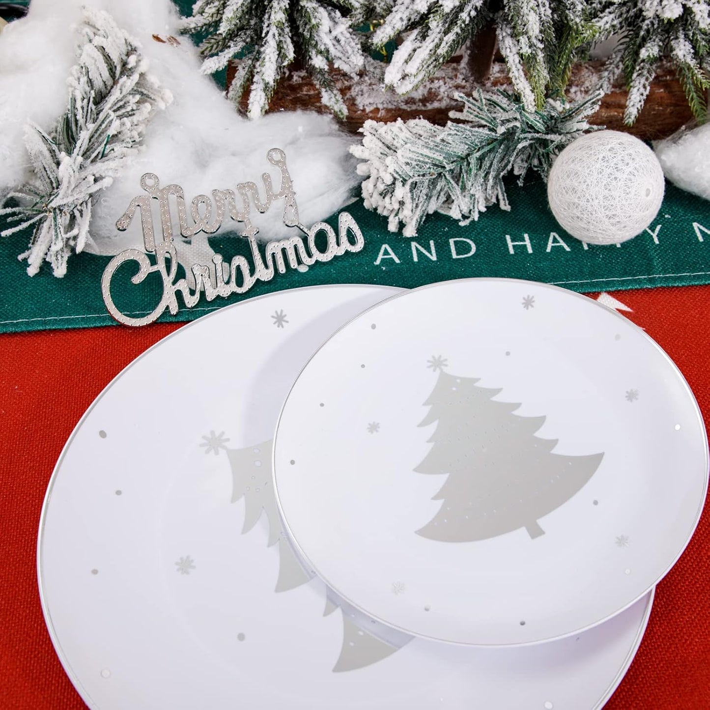WDF 50 Pieces Silver Plastic Plates - Christmas Plastic Plates with Christmas Tree - Heavy Duty White and Silver Disposable Plates for Christmas