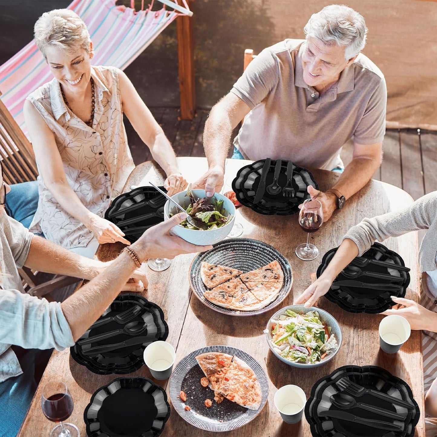 175 Pcs Black Plates and Napkins Set, 25 Guest Black Party Supplies Include Scalloped Plate Paper Napkin Cup Forks Knives Disposable Plastic Cutlery for Wedding New Year Birthday Holiday Party