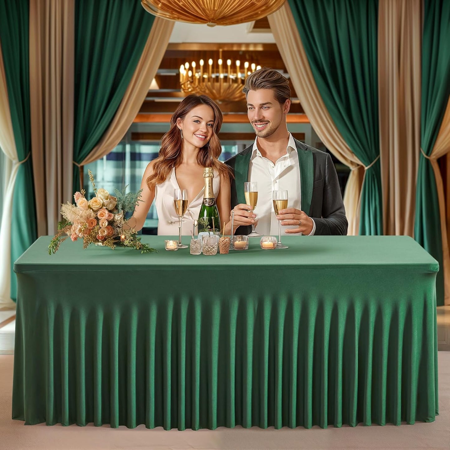 PARTISKY Hunter Green Spandex Tablecloth for 6ft Rectangle Tables, Stretchable Table Cover Skirt for Folding Tables Weddings Parties Banquets Events Trade Shows and Dessert Table, 72"x30"(Rectangular)