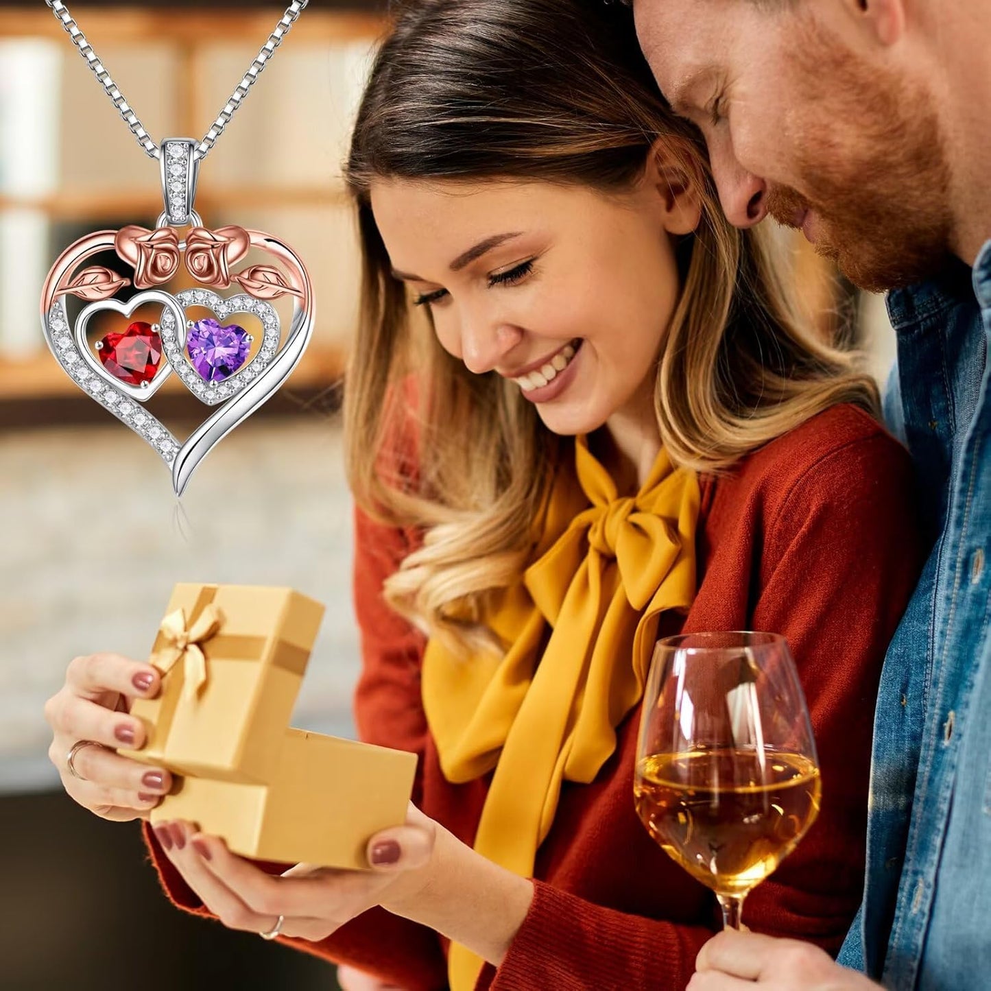 Iefil Double Birthstone Necklace Gifts for Wife Girlfriend Her Women, Birthstone Jewelry Gemstone Valentines Birthday Gifts for Her Women Wife Mom Grandma