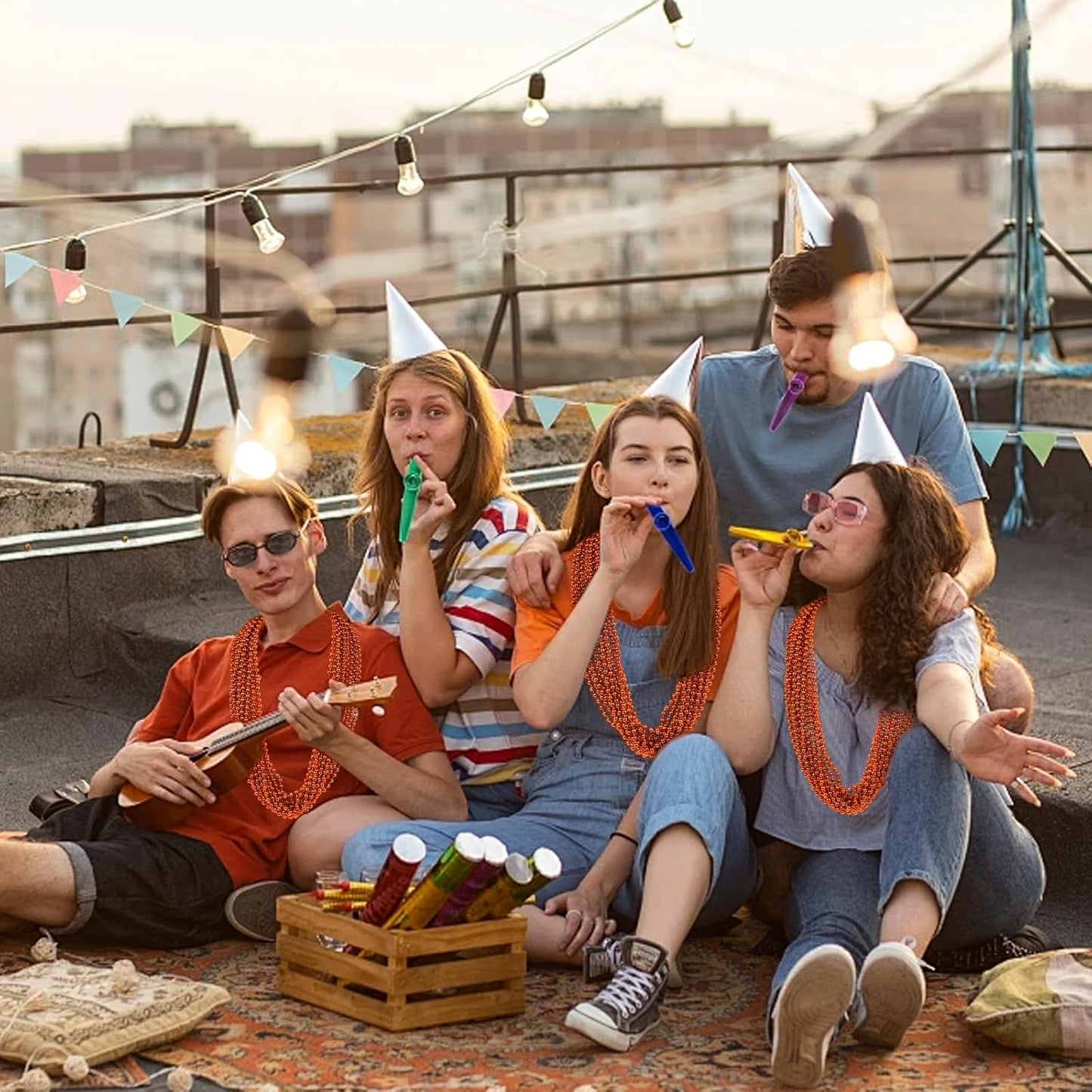 YAXINRUI 24 PCS Orange Bead Necklace, Orange Mardi Gras Beads, 33 Inch Halloween Beaded Necklace for Mardi Gras Christmas Halloween Festive