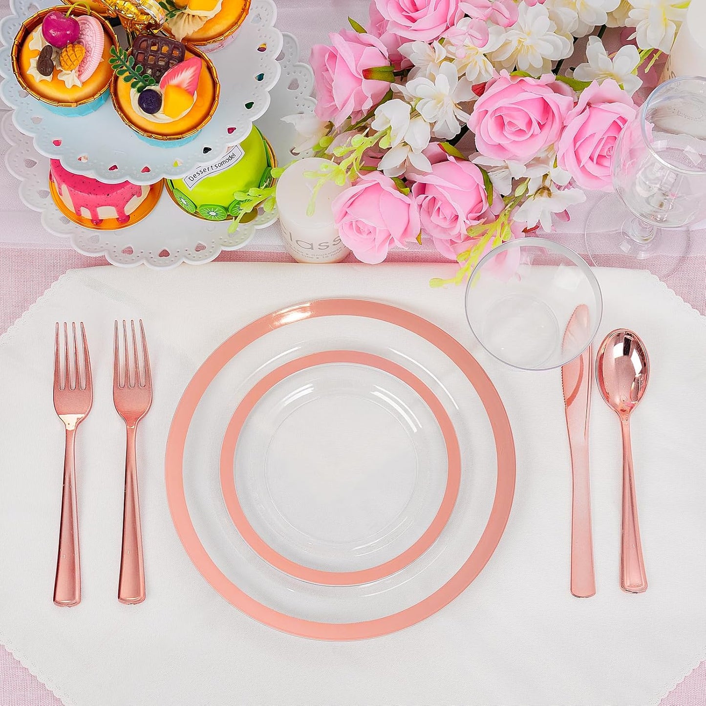 Liacere 350PCS Rose Gold Plastic Plates - Clear with Rose Gold Rim for 50Guests Dinnerware - Include 100 Plates disposable 150 PCS Silverware 50 Napkins for Wedding&Party