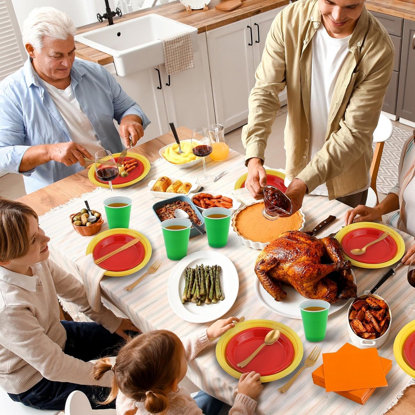 Aodaer 400 Pieces Fall Thanksgiving Party Supplies Disposable Autumn Dinnerware Set Include Plastic Dinner Dessert Plates Cups Cutlery Paper Napkins for Fall Harvest Thanksgiving Party, Serve 50 Guest