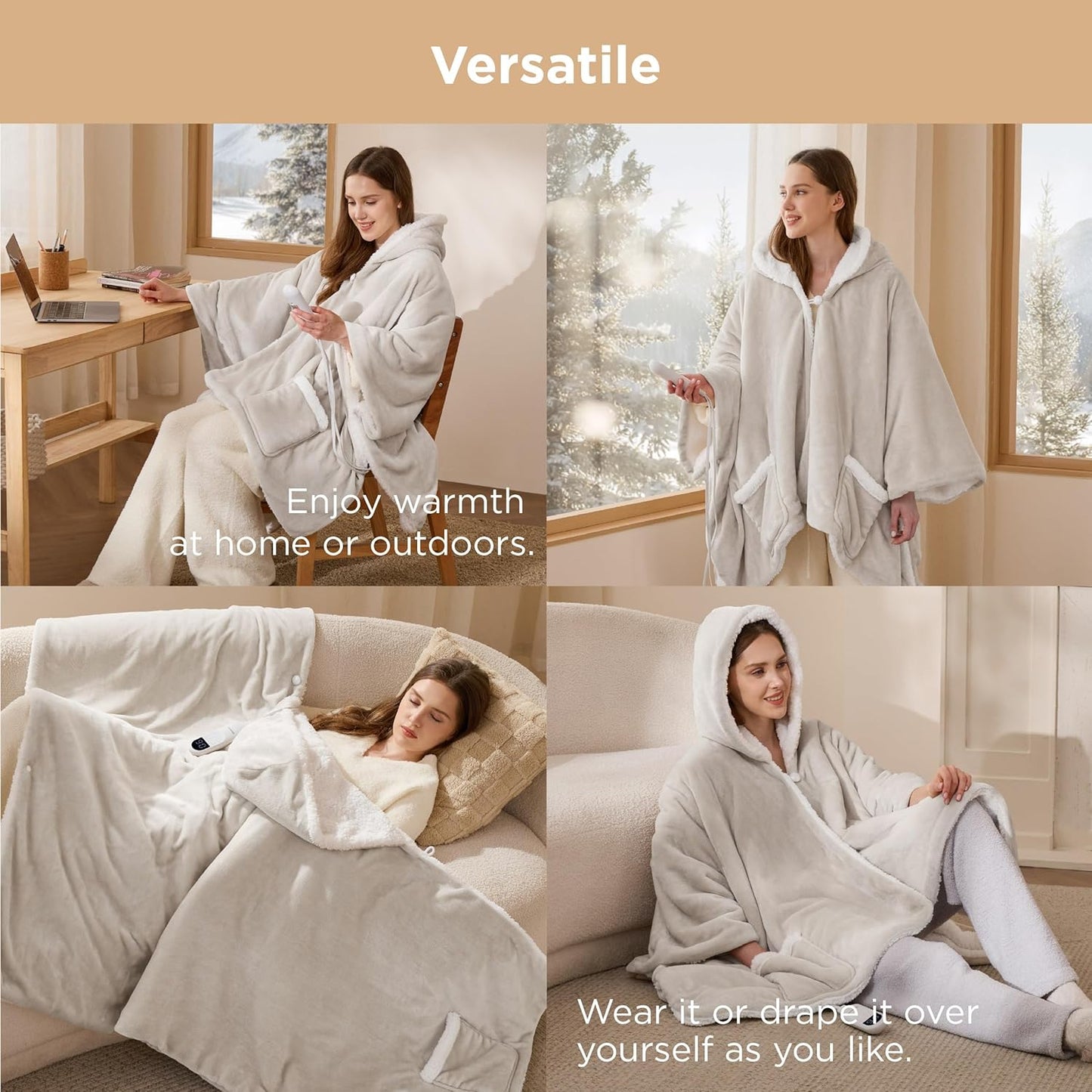 Bedsure Heated Blanket Wearable Shawl - Electric Wrap Poncho Blanket Hoodie for Adult, Winter Gifts for Mom Women Girlfriend, Warm Sherpa Heating Throw, Auto Shut Off, 55x64 inches, Cream