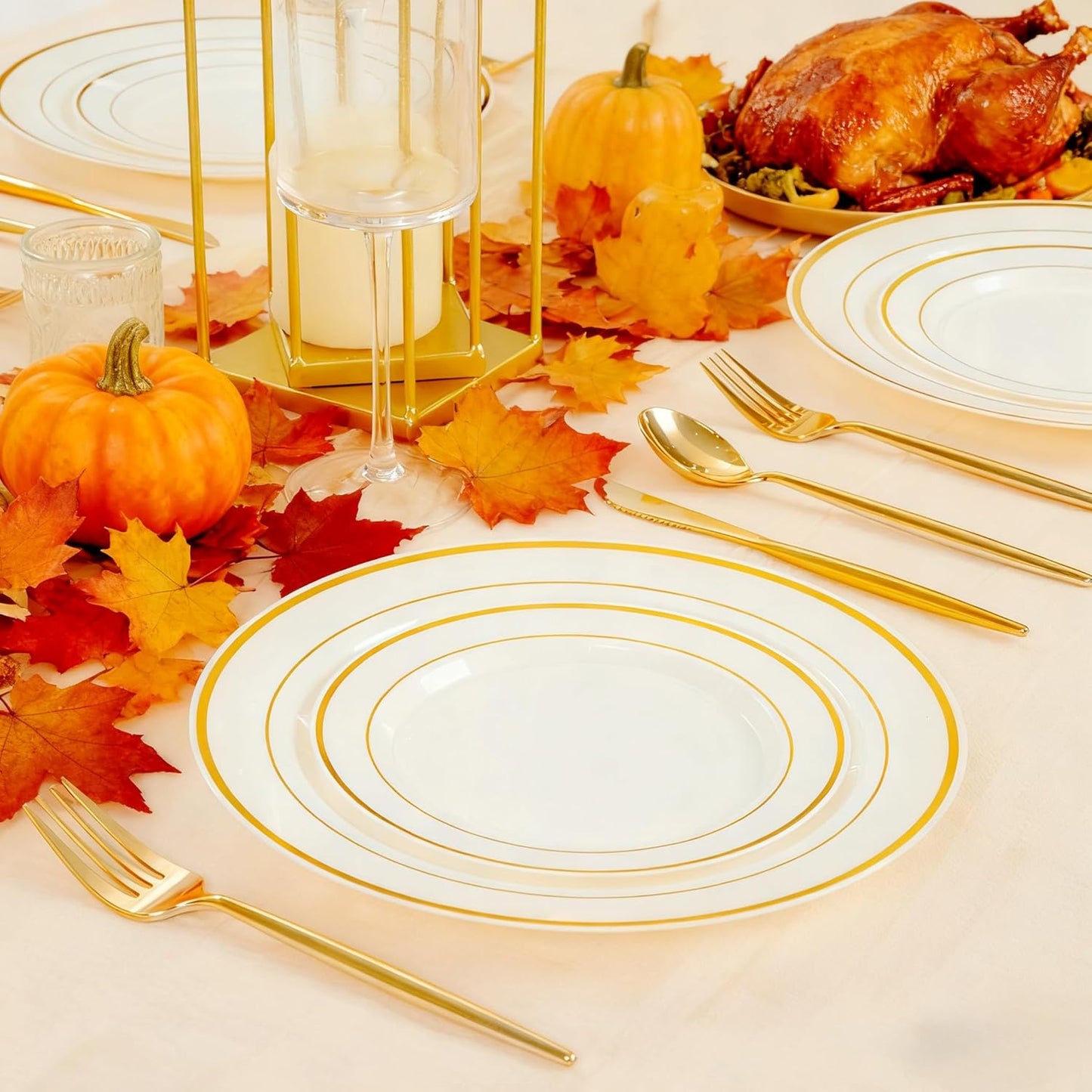 U-QE 100pcs Thanksgiving Plastic Plates for Party - Ivory Gold Plastic Plates Disposable Heavy Duty - Include 50 10" Dinner and 50 7" Dessert Plate, Perfect for Party, Wedding, Fall & Friendsgiving