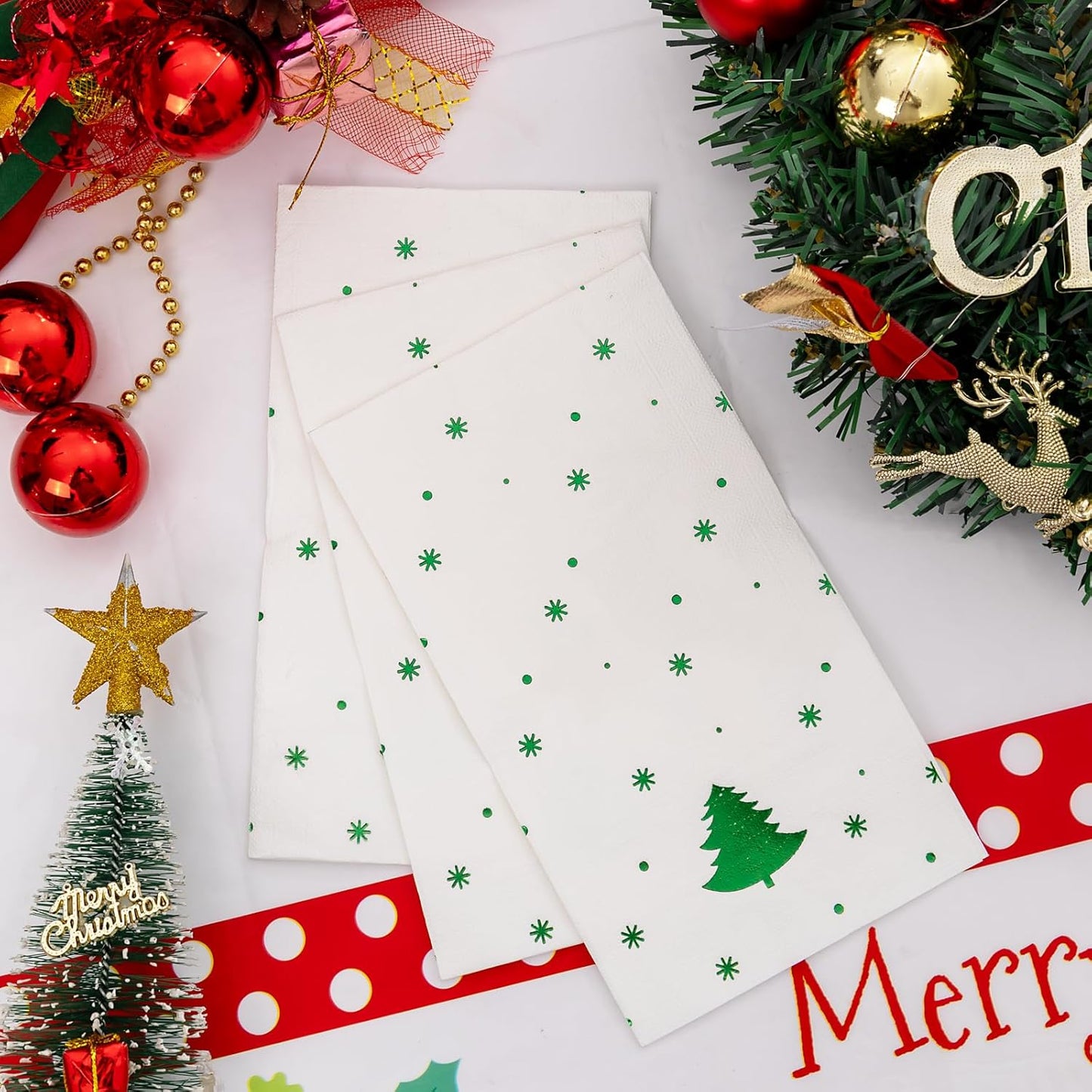 GATHER 176Pcs Christmas Plastic Plates - Green Christmas Plates Disposable and Red Cutlery Set Includes 50 Plate 75 Plastic Silverware 25 Cups 25 Napkins and 1 Tablecloths for Xmas Party