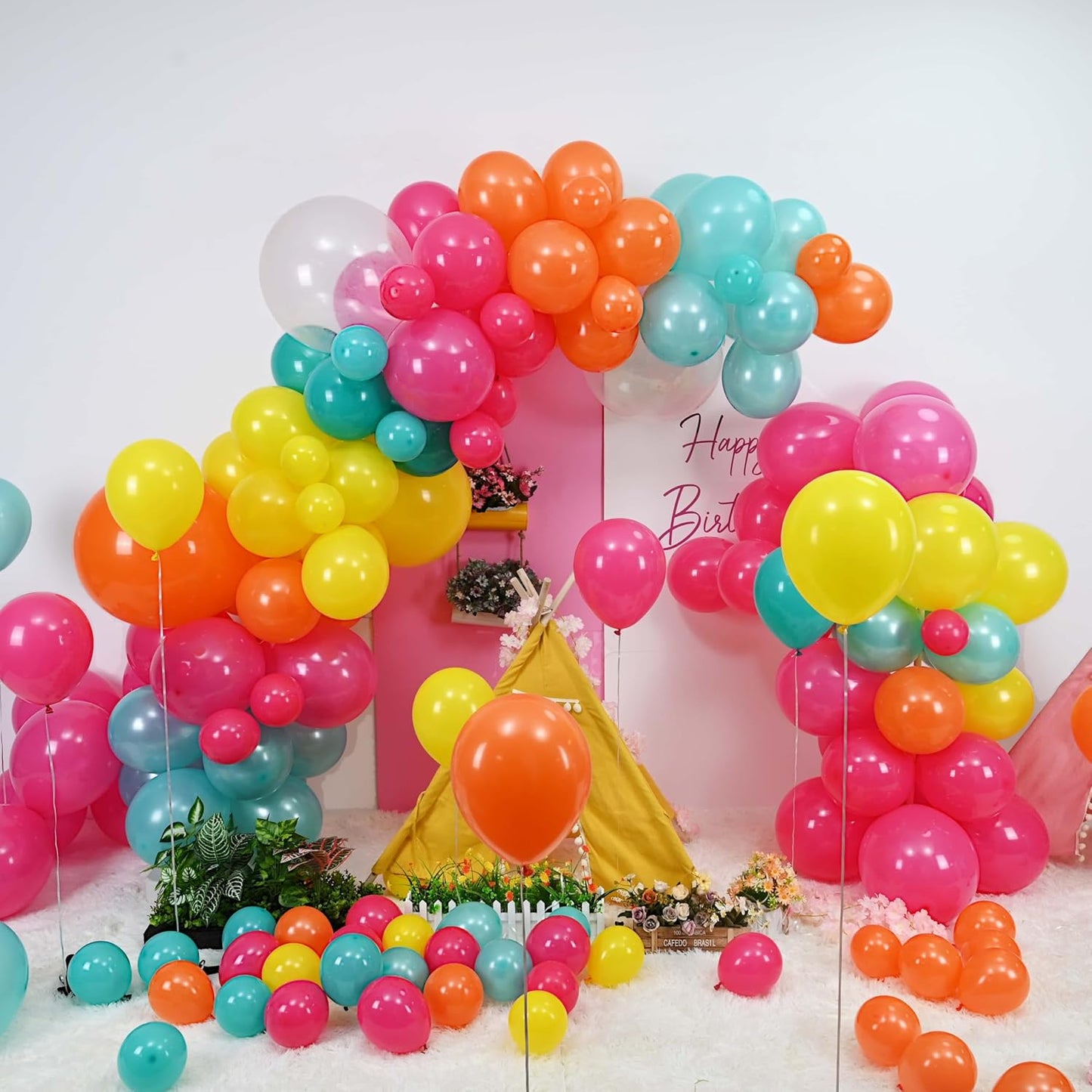 Neon Balloons Arch Kit, Hot Pink Teal Blue and Orange Balloon Garland Kit Rainbow Balloon Summer Tropical Aloha Luau Party Decorations, 18 in Clear Yellow Balloons for Hawaiian Pool Party Decor