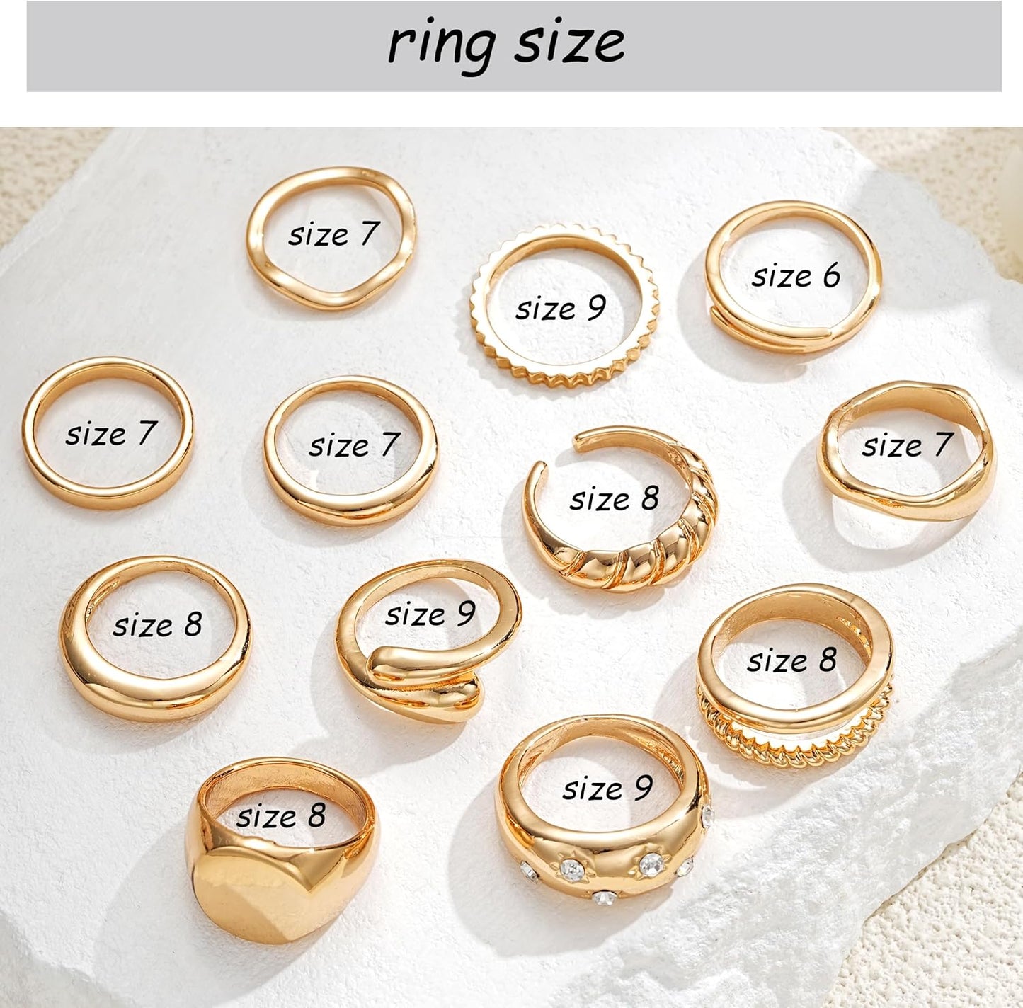 FAXHION 12PCS Gold Stackable Rings Set for Women, 18K Gold Plated Open Stacking Knuckle Ring, Adjustable Chunky Signet Band Statement Ring for Gift