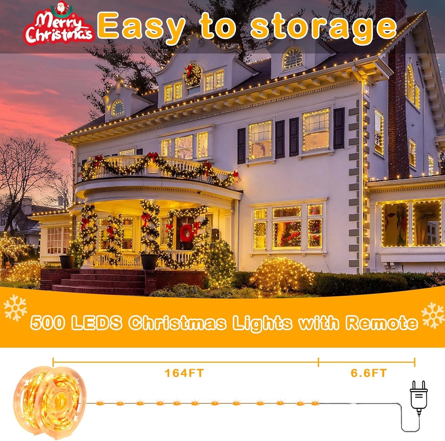 Decute 164FT 500LED Christmas Fairy String Lights Dimmable with Remote Control Copper Wire Starry Lights with UL Cerficated Decorative for Party Wedding Bedroom Christmas Tree Warm White