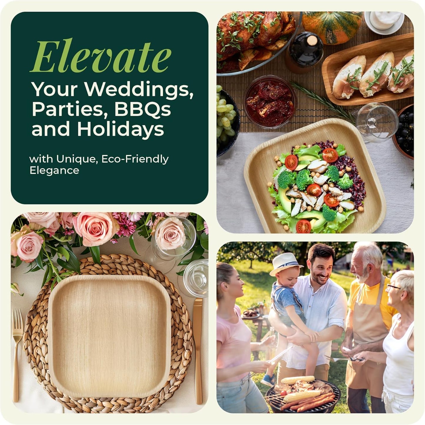 Palm Leaf Bamboo Plates & Pre-Rolled Bamboo Cutlery Party Set - 10 & 7'' Compostable Plates Elegant Pre-Rolled Utensils, Napkins , Cups for Weddings, Events, and Special Occasions For 30 Guests