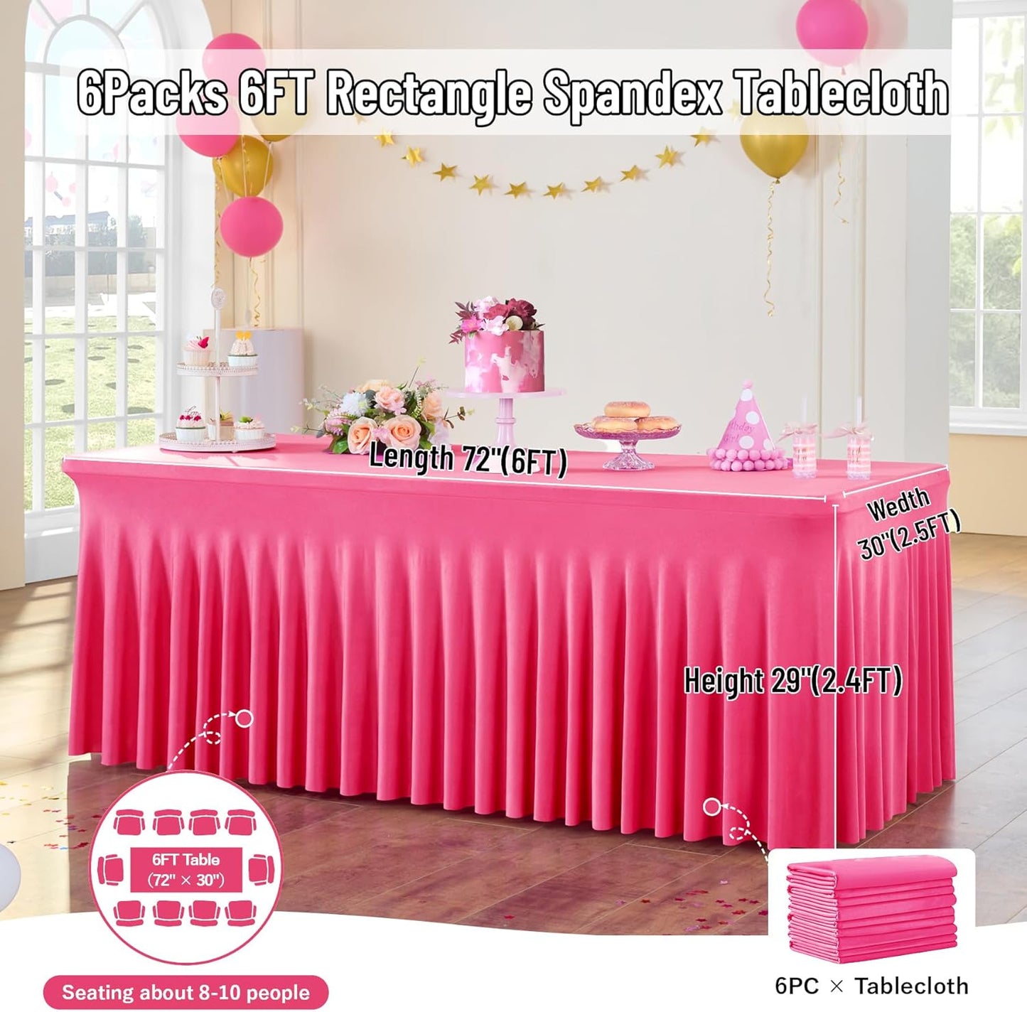 leegleri 6 Pack Hot Pink Spandex Table Clothes for 6 Foot Rectangle Tables, Wrinkle Free Fitted Table Cloth 6ft Stretch Tablecloths for Parties Weddings Birthday Banquet Baby Shower