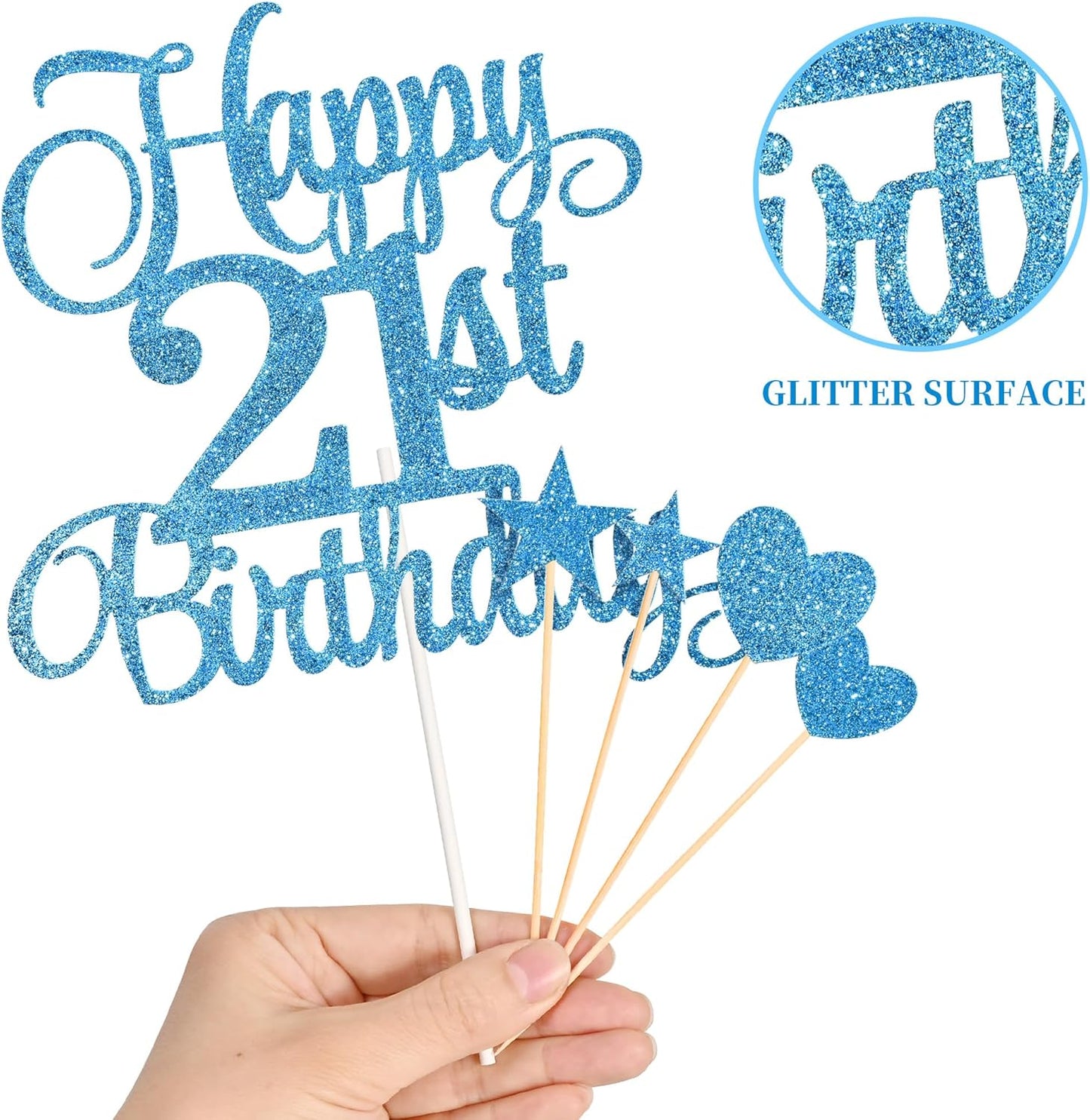 21st Birthday Cake Toppers, 21st Birthday Candles Numeral Candles and Glitter Cake Decorations Toppers Set for Party Supplies (Blue)